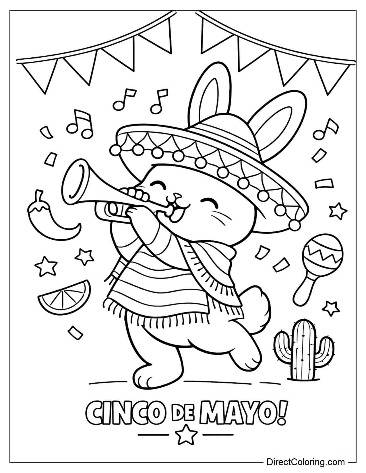 A bunny wearing a sombrero hat and a traditional poncho is playing a trumpet to celebrate Cinco de Mayo, surrounded by cacti, chili peppers, maracas, and musical notes.