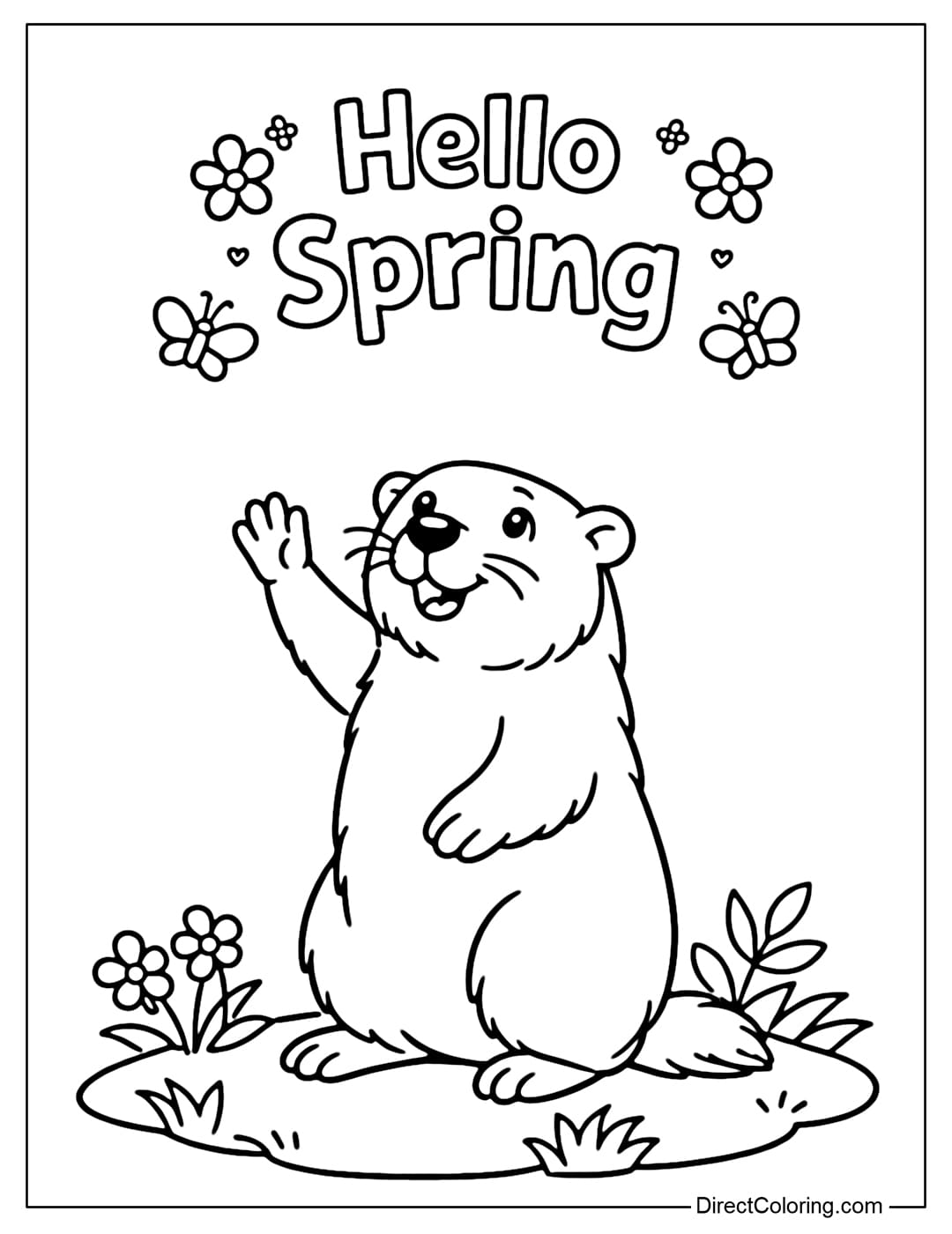 A coloring page of a waving groundhog with the words 