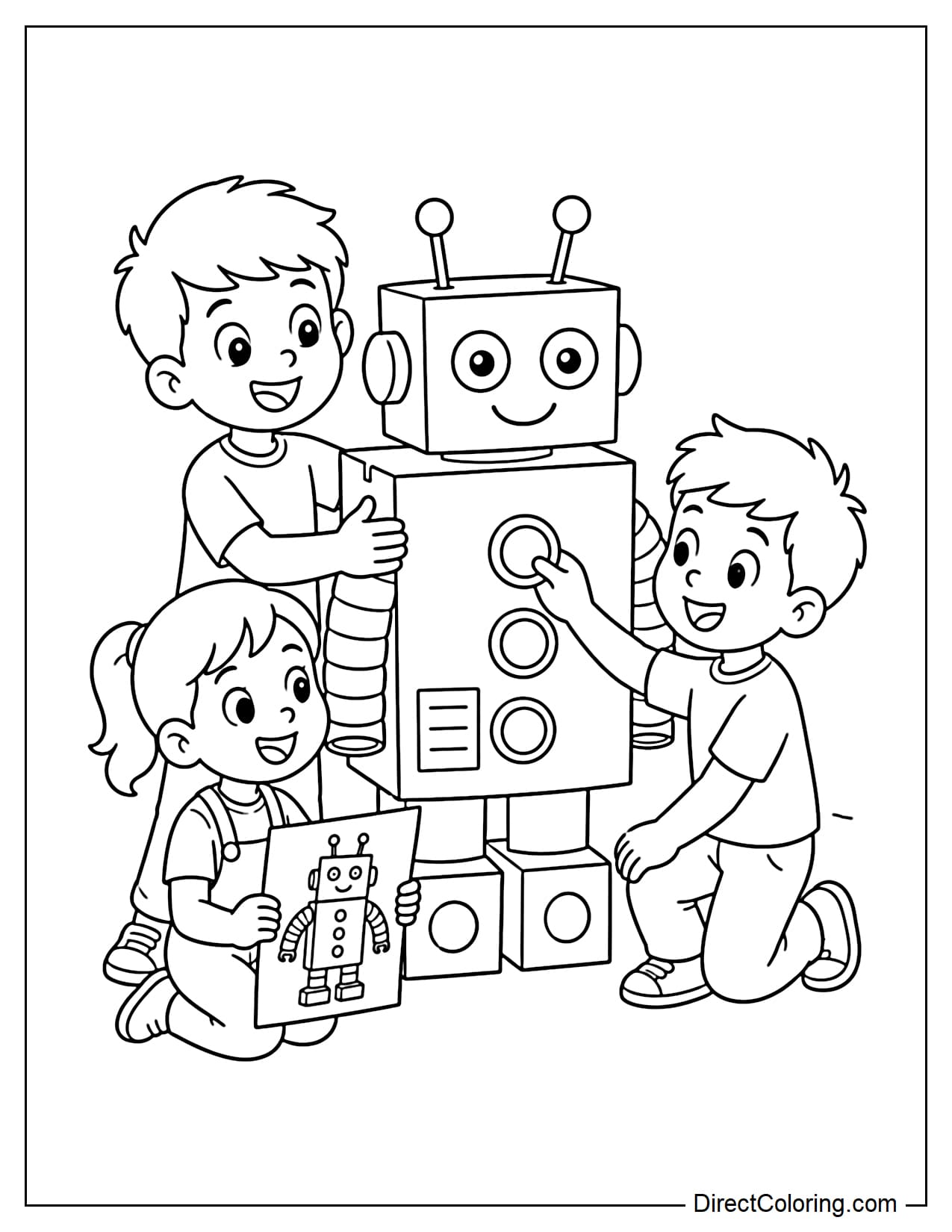 Two boys and a girl are assembling a robot from cardboard boxes; one holds the robot's body, another attaches the round buttons, and the third holds the simple blueprint.