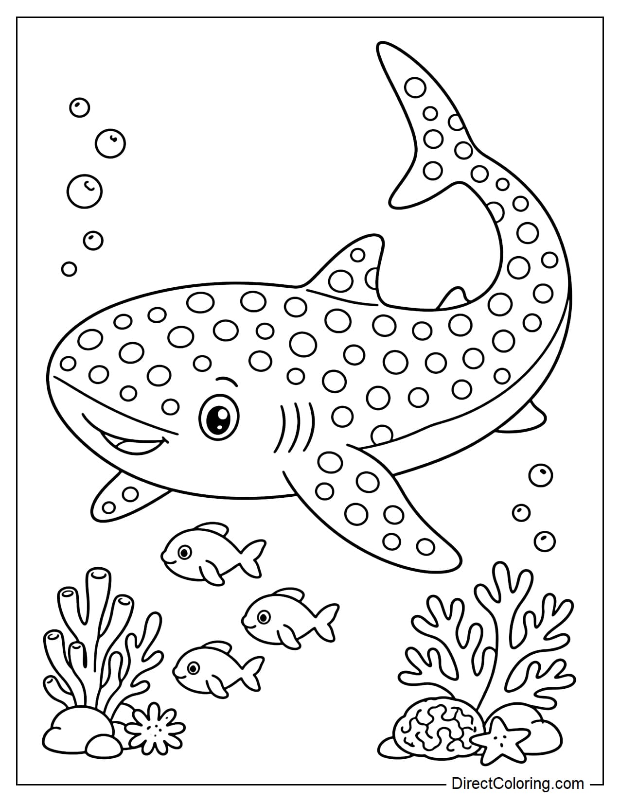 A large whale shark is swimming in the ocean, its body covered in round spots, surrounded by three small fish and some coral clusters.