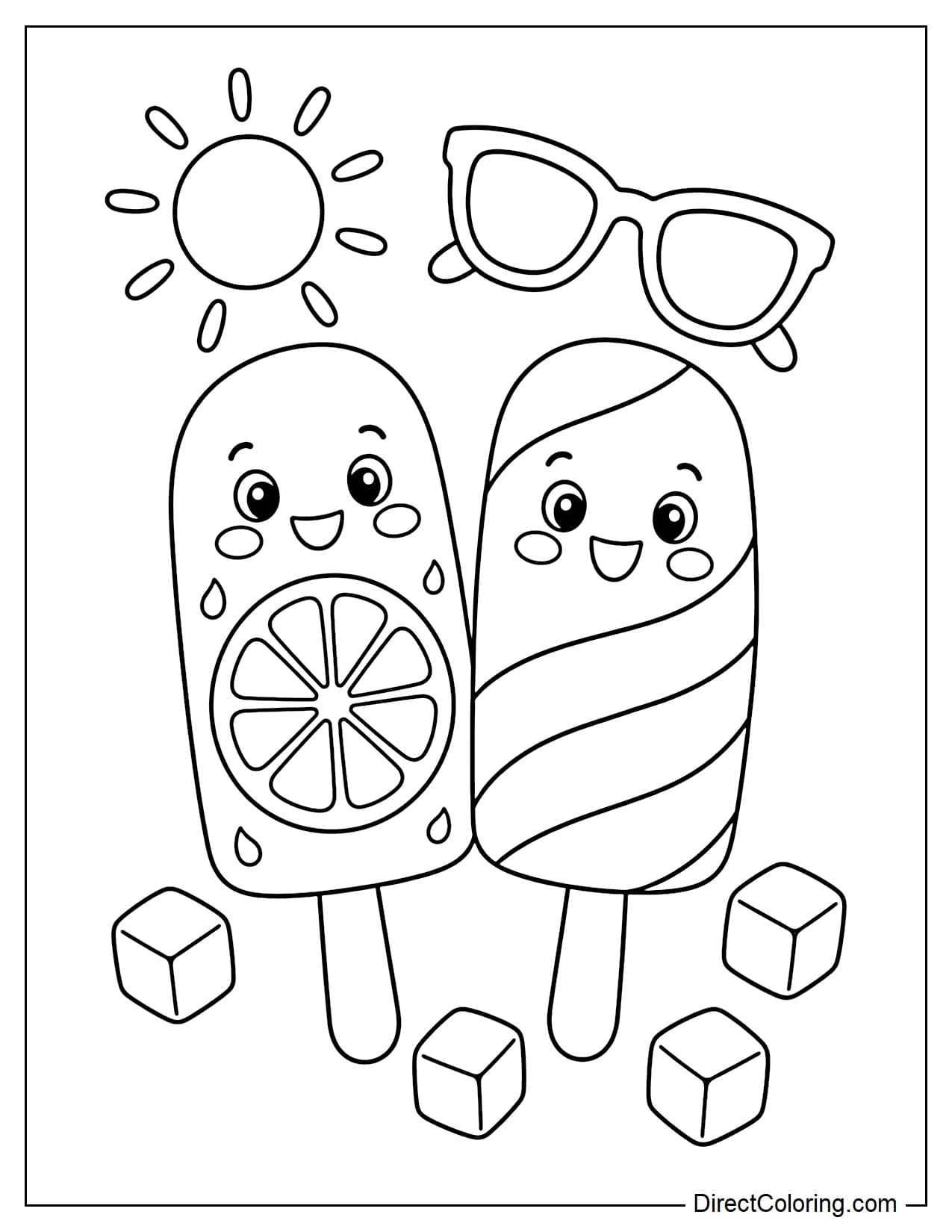 Two cute lemon-flavored popsicles placed side by side, one shaped like a lemon slice and the other decorated with a large curve, surrounded by sunglasses, a sun, and some ice cubes.
