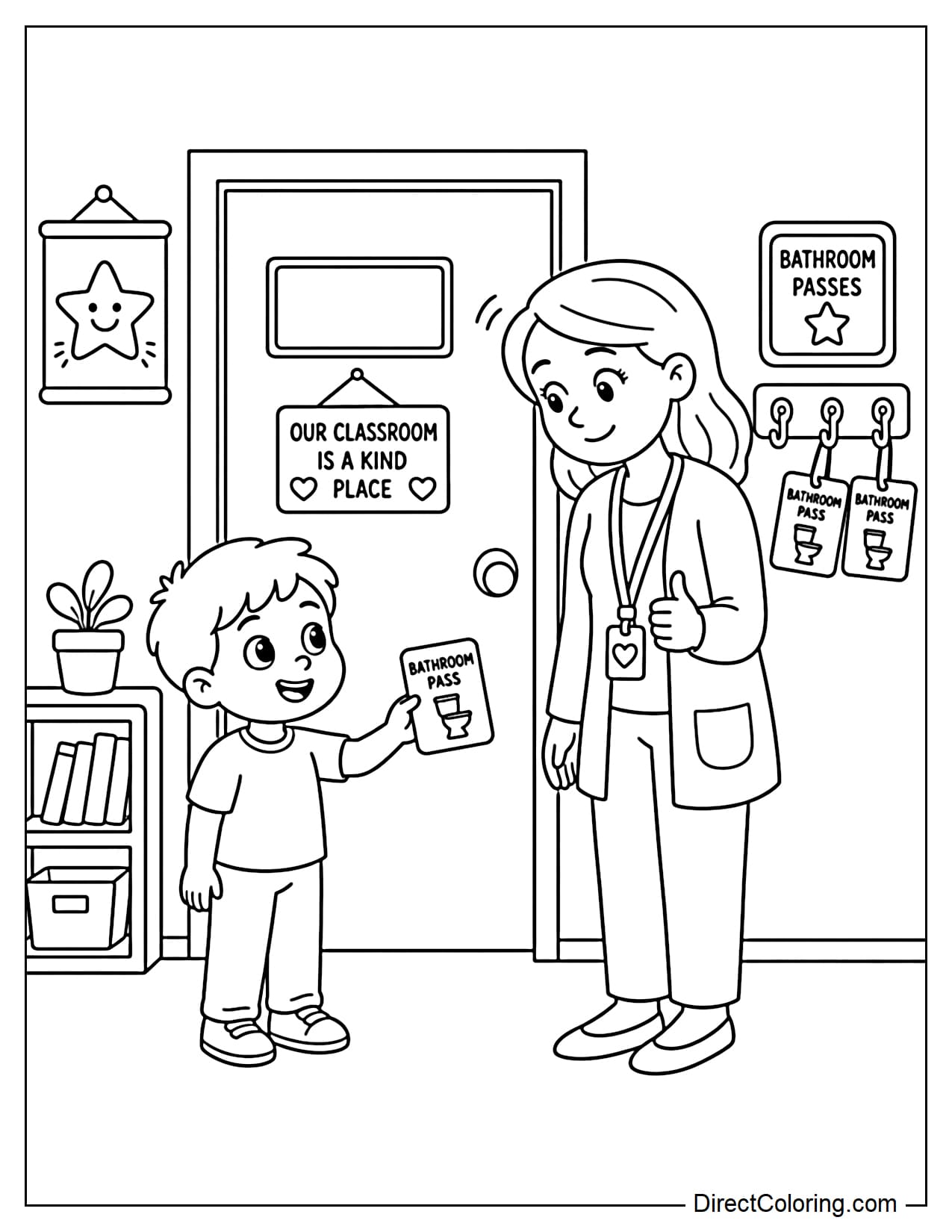 A child holds a restroom pass card and stands in front of the classroom door; the teacher nods gently, with a pass card holder and a few simple classroom details nearby.