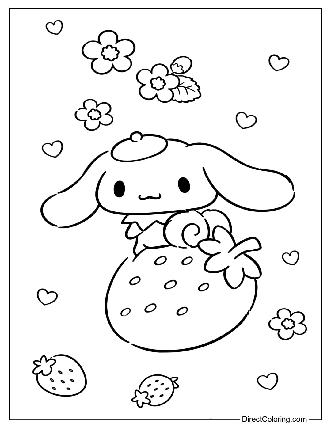 A coloring page featuring Cinnamoroll wearing a small hat sitting on a large strawberry, surrounded by flowers and gently floating hearts.