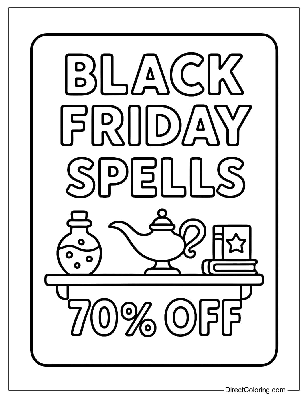 A coloring page of a magic store with the word 