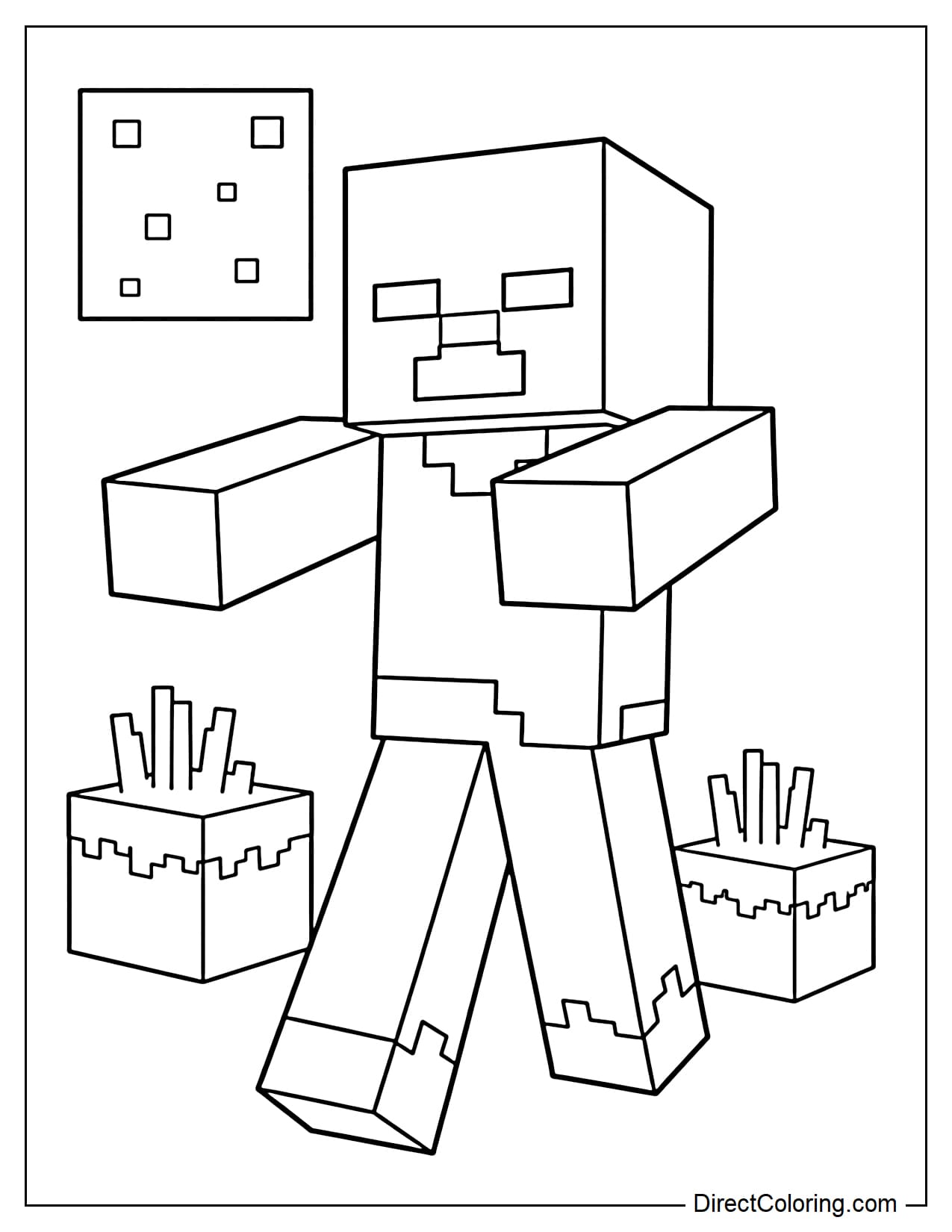 A Minecraft zombie walks at night with a square moon and a few simple grass blocks in the background.