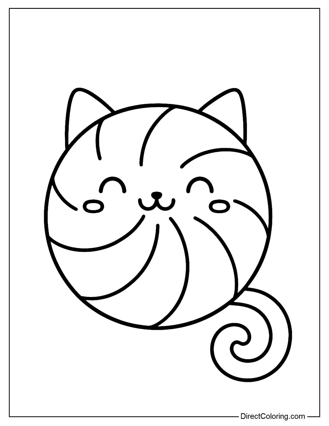 A cute cat coloring page that is round like a peppermint candy: The body is a spiral circle, the cat's small ears are raised, and the tail is curved into a spiral.