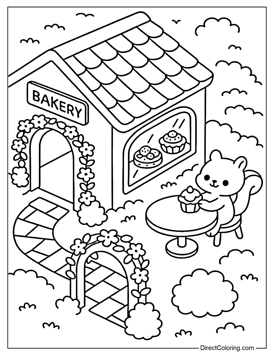 Bakery coloring page in garden bird's-eye view, entrance with gate, flower trellis and grass bushes; baby squirrel standing at outdoor table; in the glass door see strawberry tart, fruit cake.