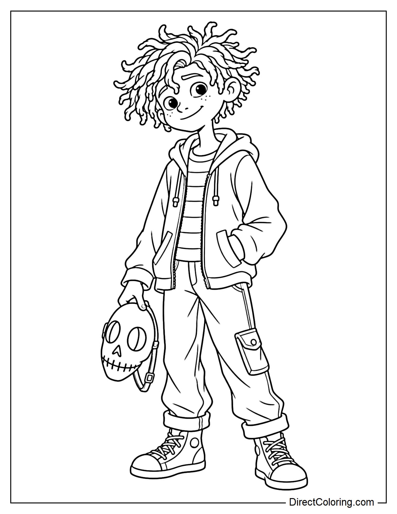 Wybie stands alone, holding his skull mask beside his body with one hand while keeping the other hand in his pocket.