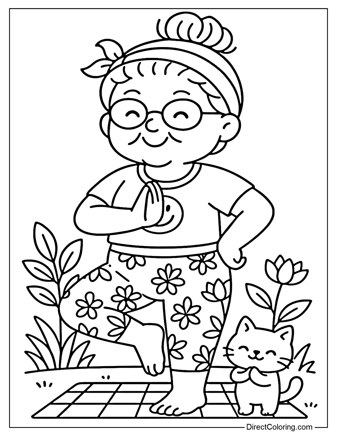Coloring page Grandma practices yoga with her cat. Her outfit is a tight workout outfit with a crop top and floral leggings.