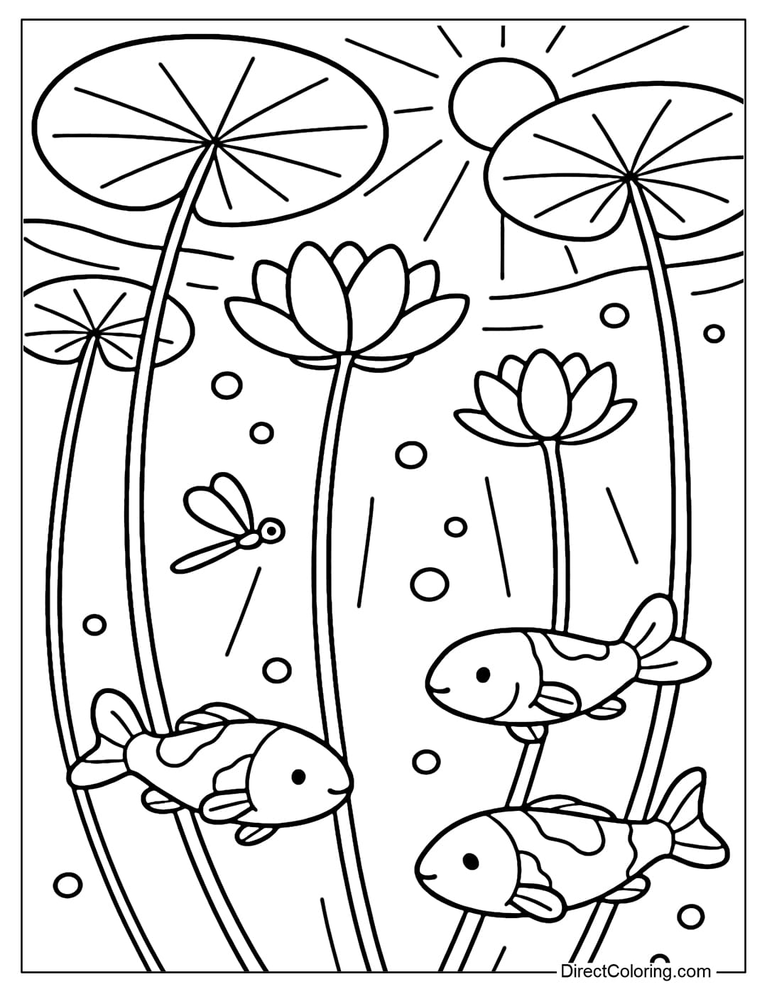 Coloring page from the perspective of looking up from under the water, seeing big round lily leaves floating on the lake surface, koi fish swimming gracefully below.