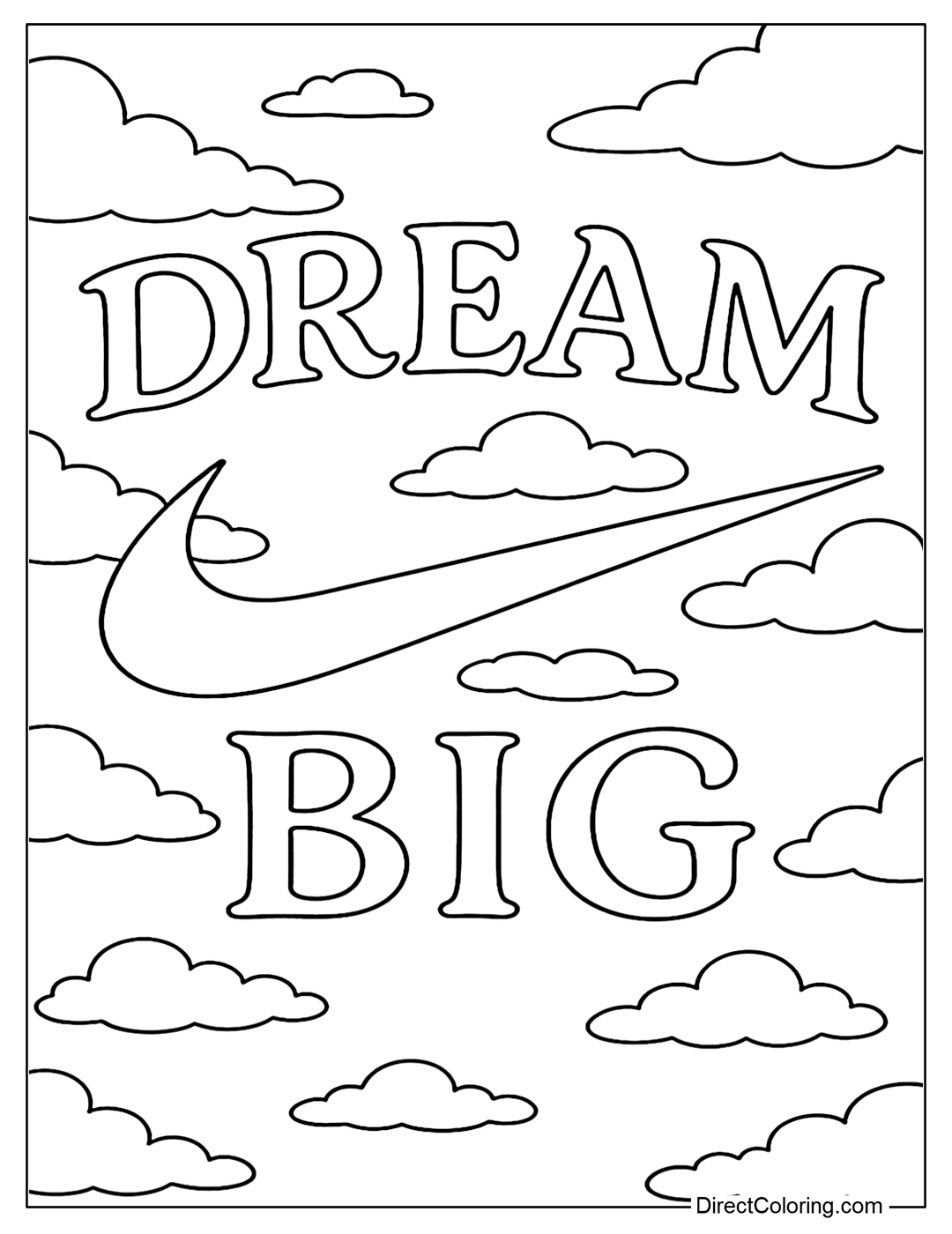 The Nike logo floats in the blue sky and white clouds, surrounded by the words 