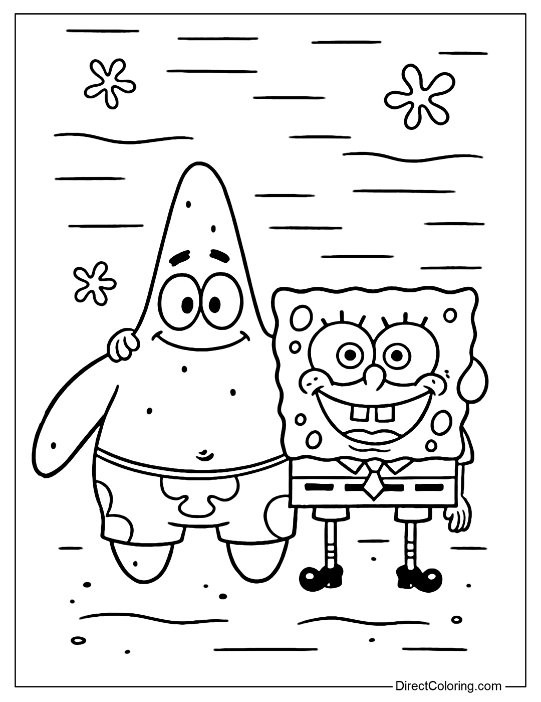Coloring Page of Patrick and SpongeBob are standing side by side with happy faces, and Patrick has his arm around SpongeBob’s shoulder. It’s a simple yet heartwarming image that shows the strong bond between these best friends.