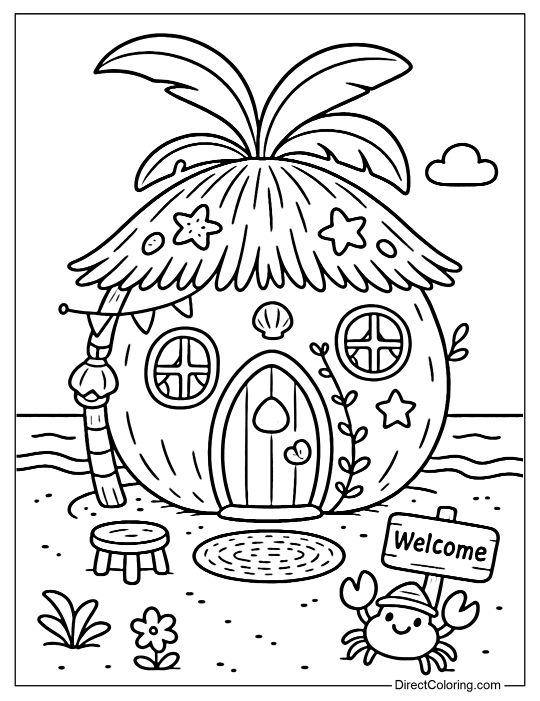 A coconut house coloring page set on the beach sand, with a thatched roof, coconut pillars and decorative seashells.