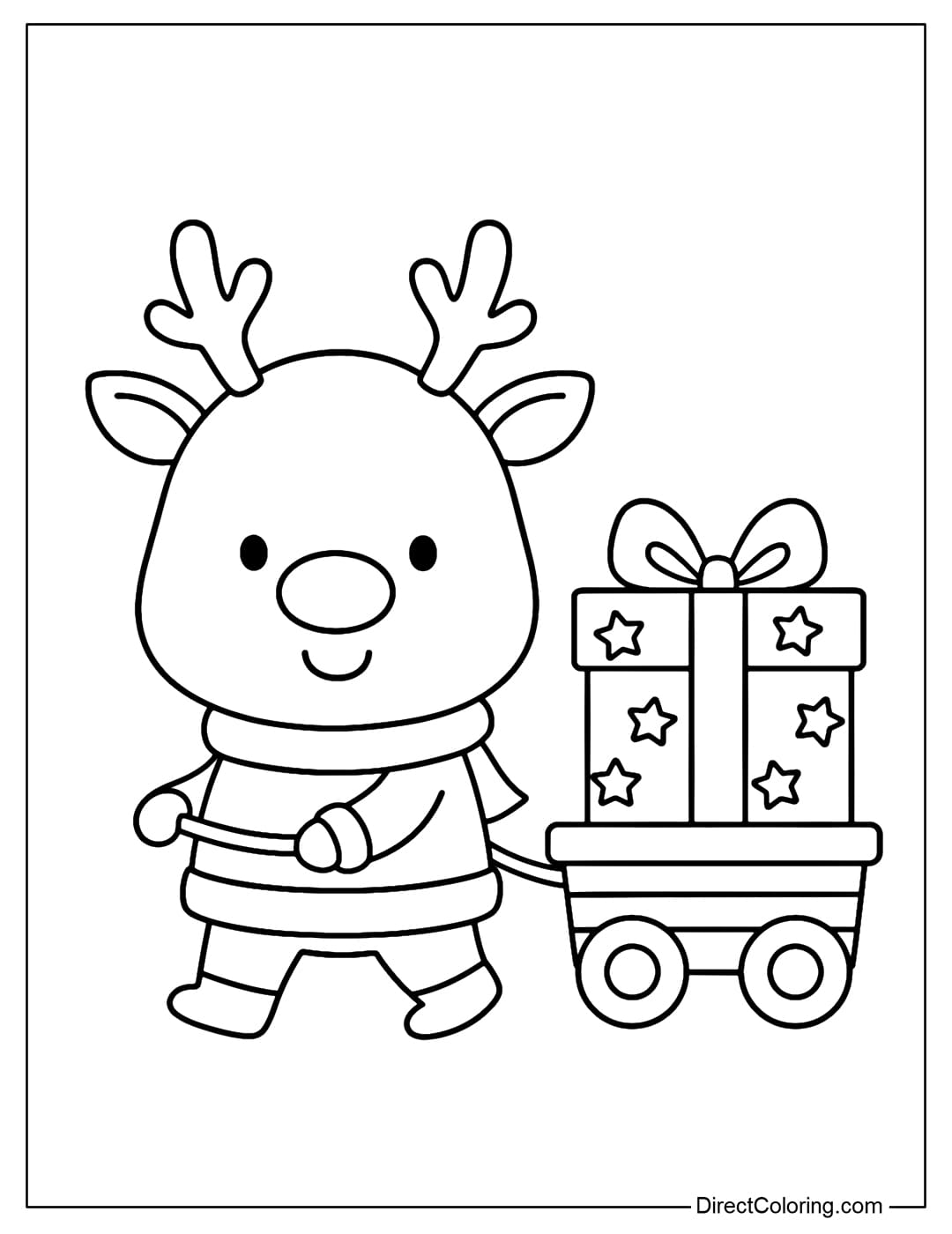 A cute reindeer coloring page pulling a small sleigh carrying a gift box.