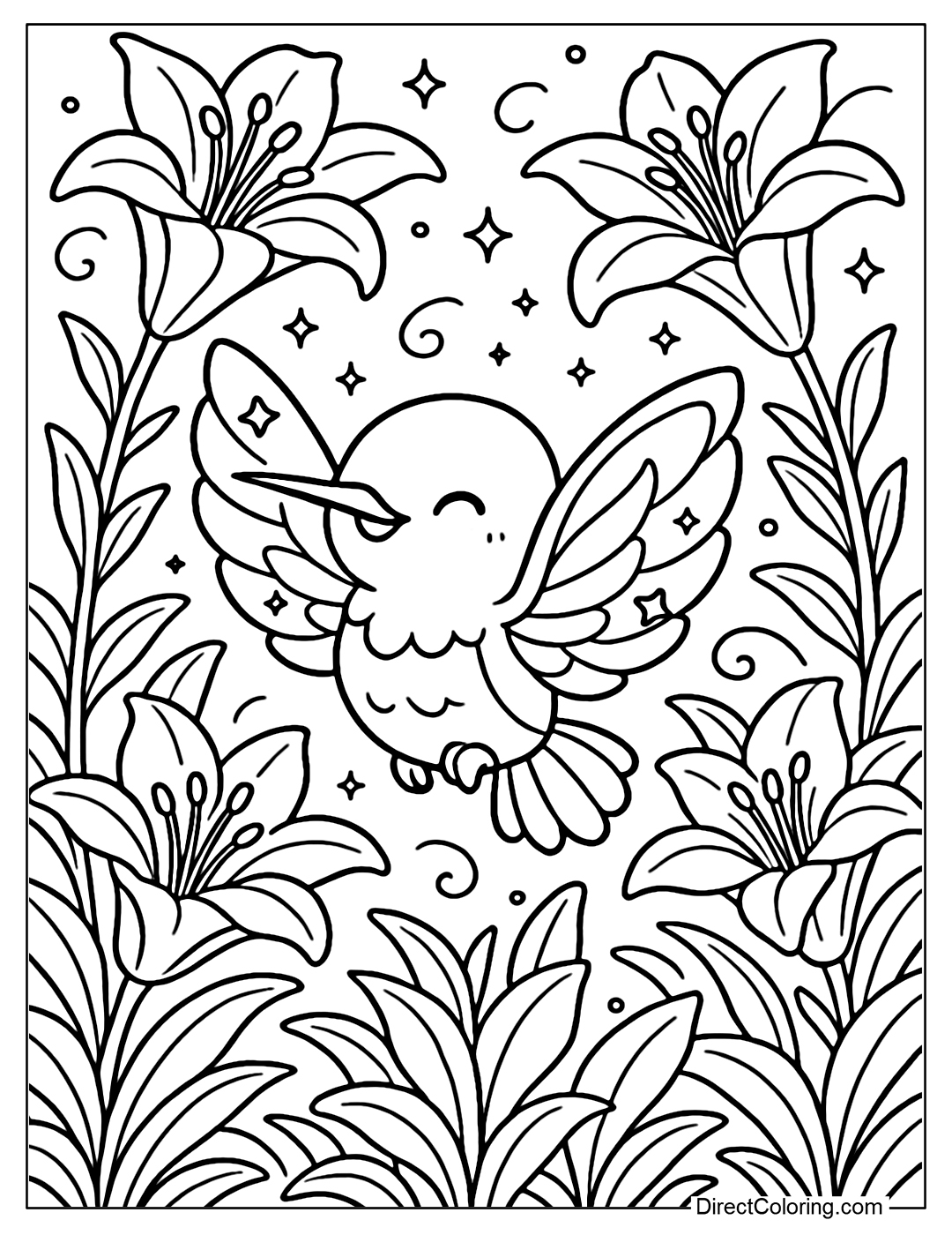 A coloring page of a hummingbird with bright fairy wings, dancing among giant lilies in a magical garden.