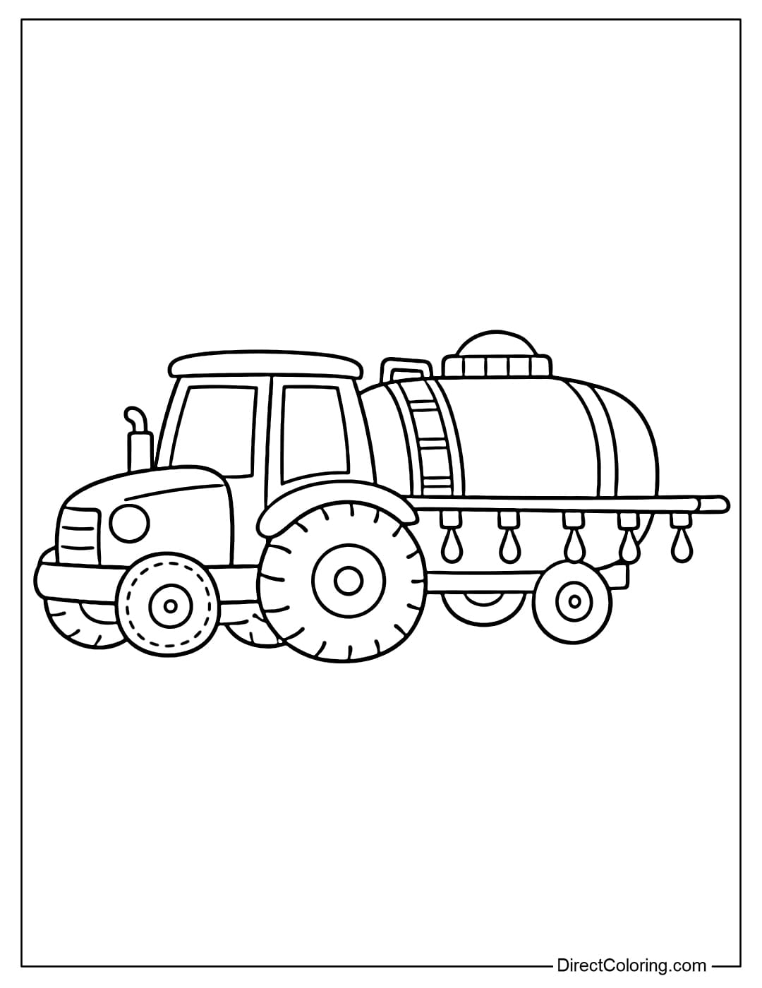 A coloring page of a farm sprayer with simple spray nozzles.