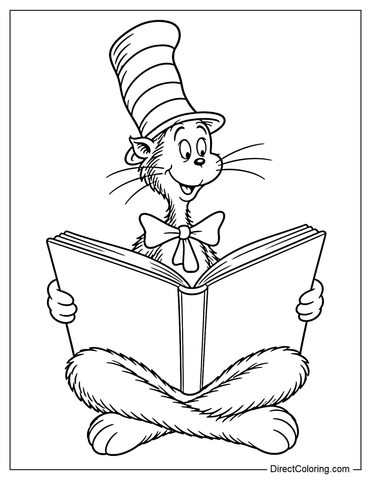 The Cat in the Hat sits comfortably on the ground reading an oversized open book on his lap, holding the book with both hands.