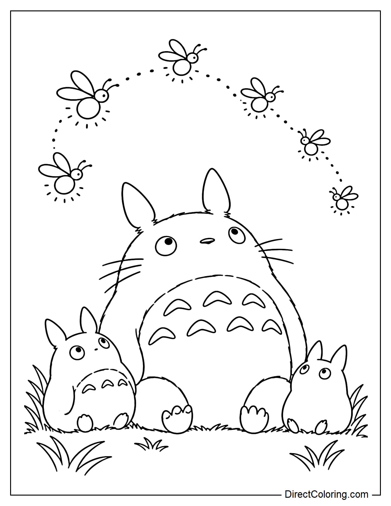 Totoro sits with two small Totoros as all three look up at a group of large fireflies flying in a gentle curve ahead of them.