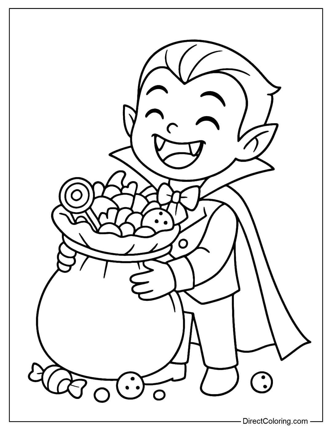 Vampire with Candy Bag Coloring Page Vampire coloring page carrying a big bag of candy, funny smile, candy overflowing.
