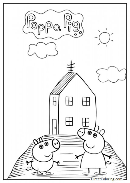 Peppa Pig with George Pig and house on the hill coloring page