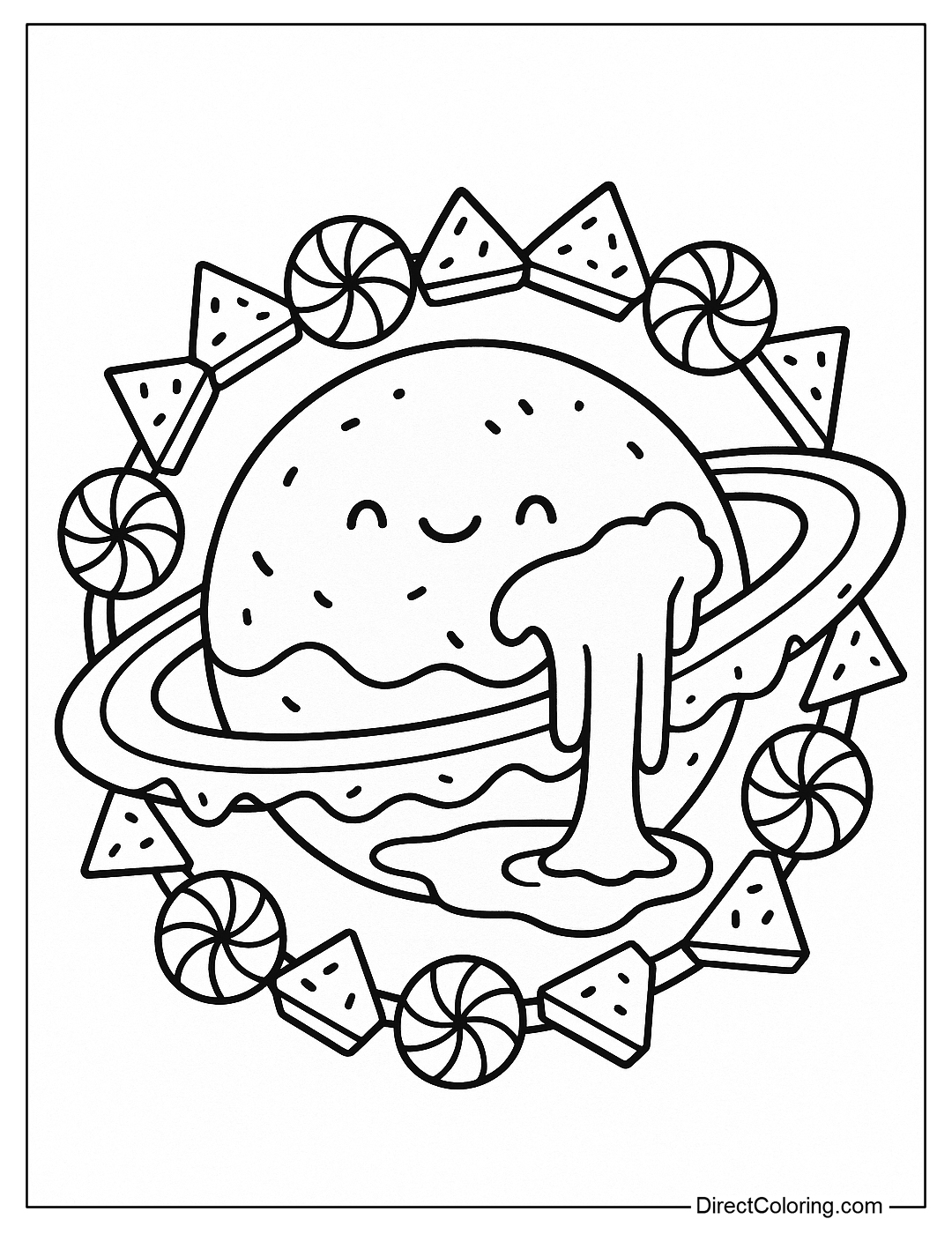 A light green mint ice cream planet coloring page, with an ice cream waterfall flowing into a chocolate lake. The belt is made of chocolate crumbs interspersed with round mint candies.