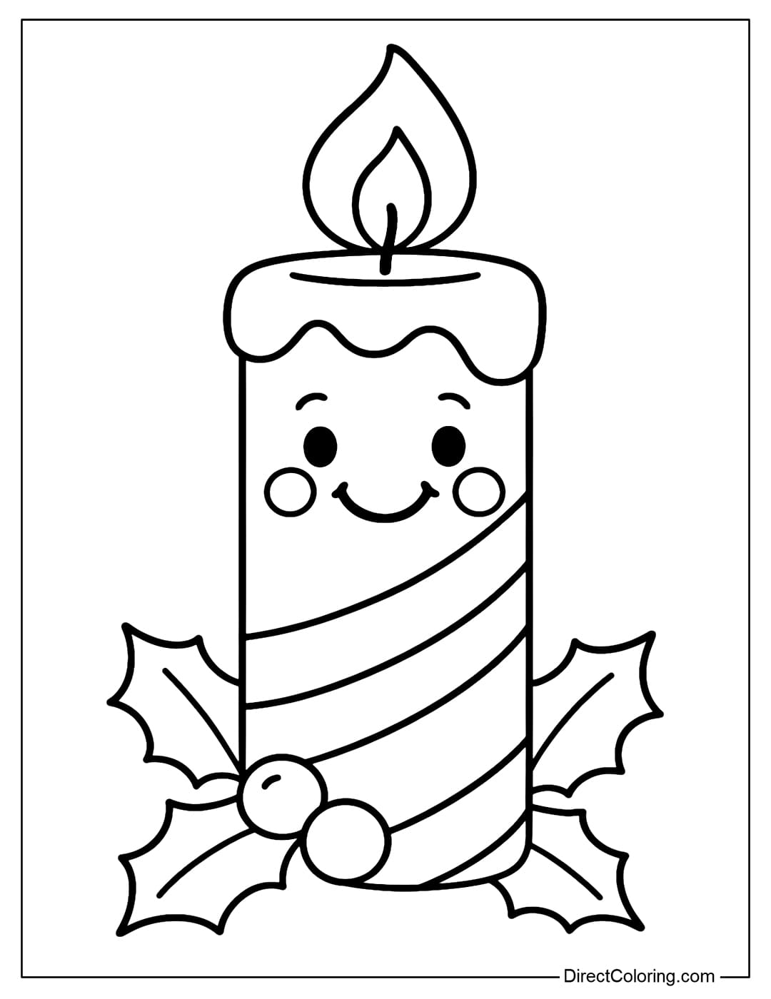 Large candle coloring page with cute smiley face, striped decorative candle stem, holly leaves and bauble on both sides.