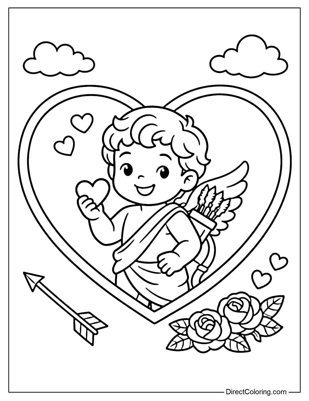 A coloring page of a large heart frame, inside which Cupid is smiling, holding a small heart.