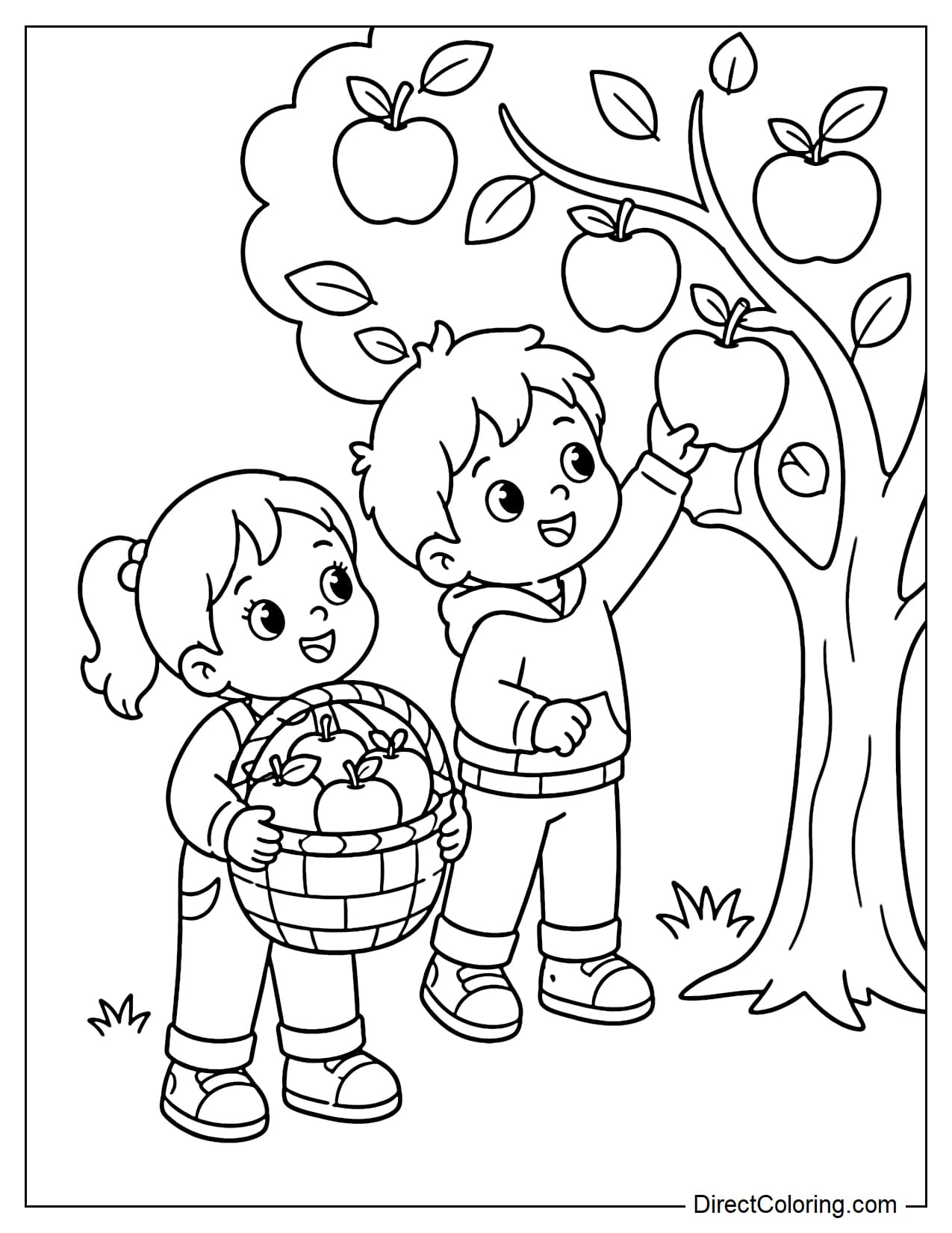 Two kids pick apples in an orchard, with one holding a large apple basket while the other reaches for fruit on a low branch.