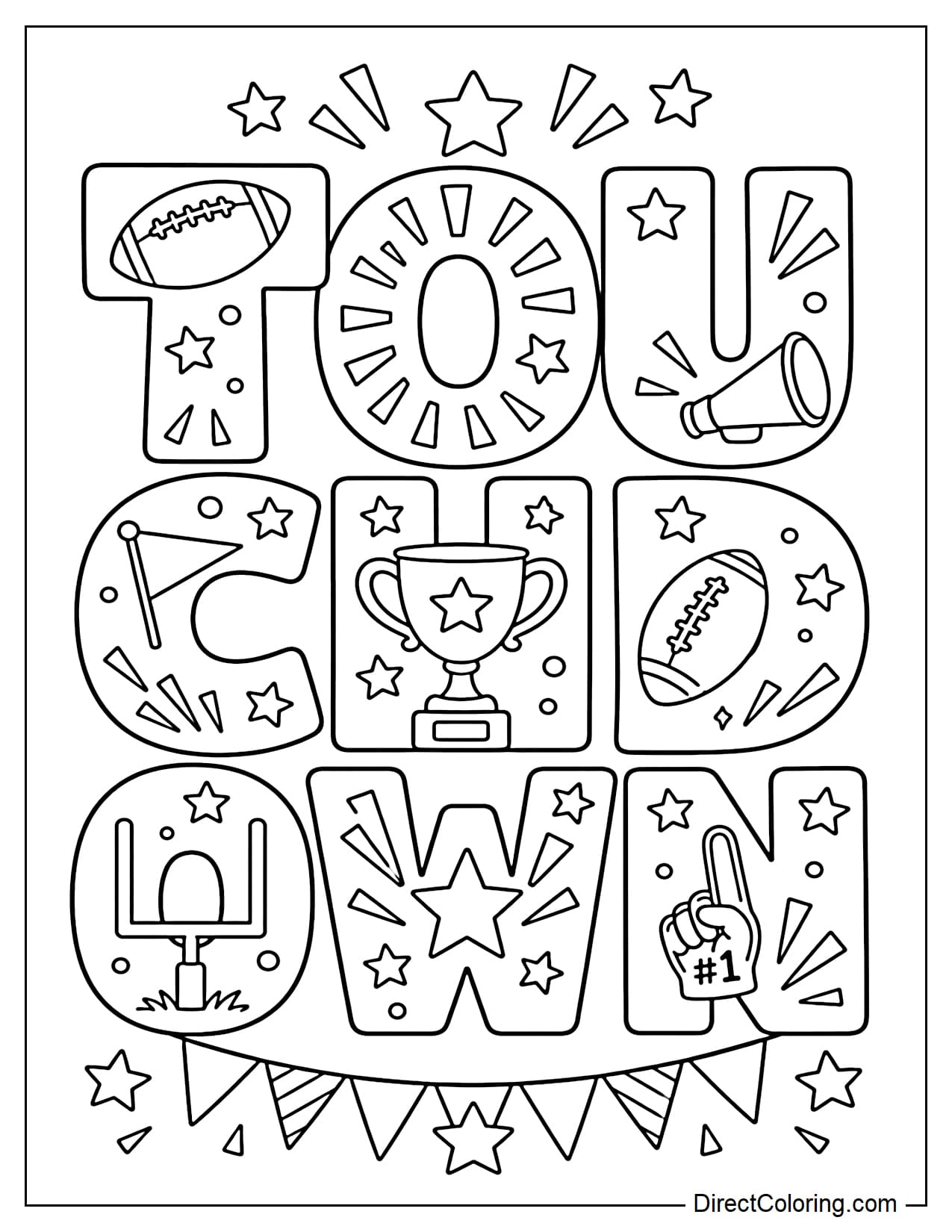 The word TOUCHDOWN appears in large letters decorated with football patterns, light rays, a championship trophy, and cheering pennant flags.