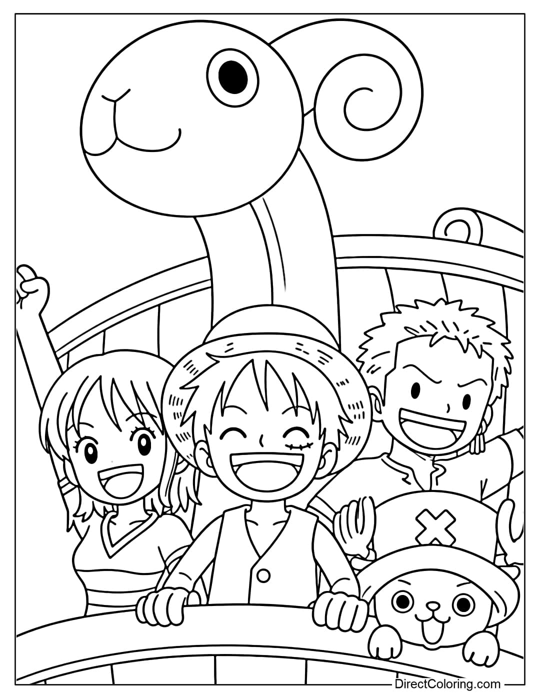 Luffy, Nami, Zoro, and Chopper stand happily on the simple Going Merry, with its distinctive sheep-shaped bow behind them.