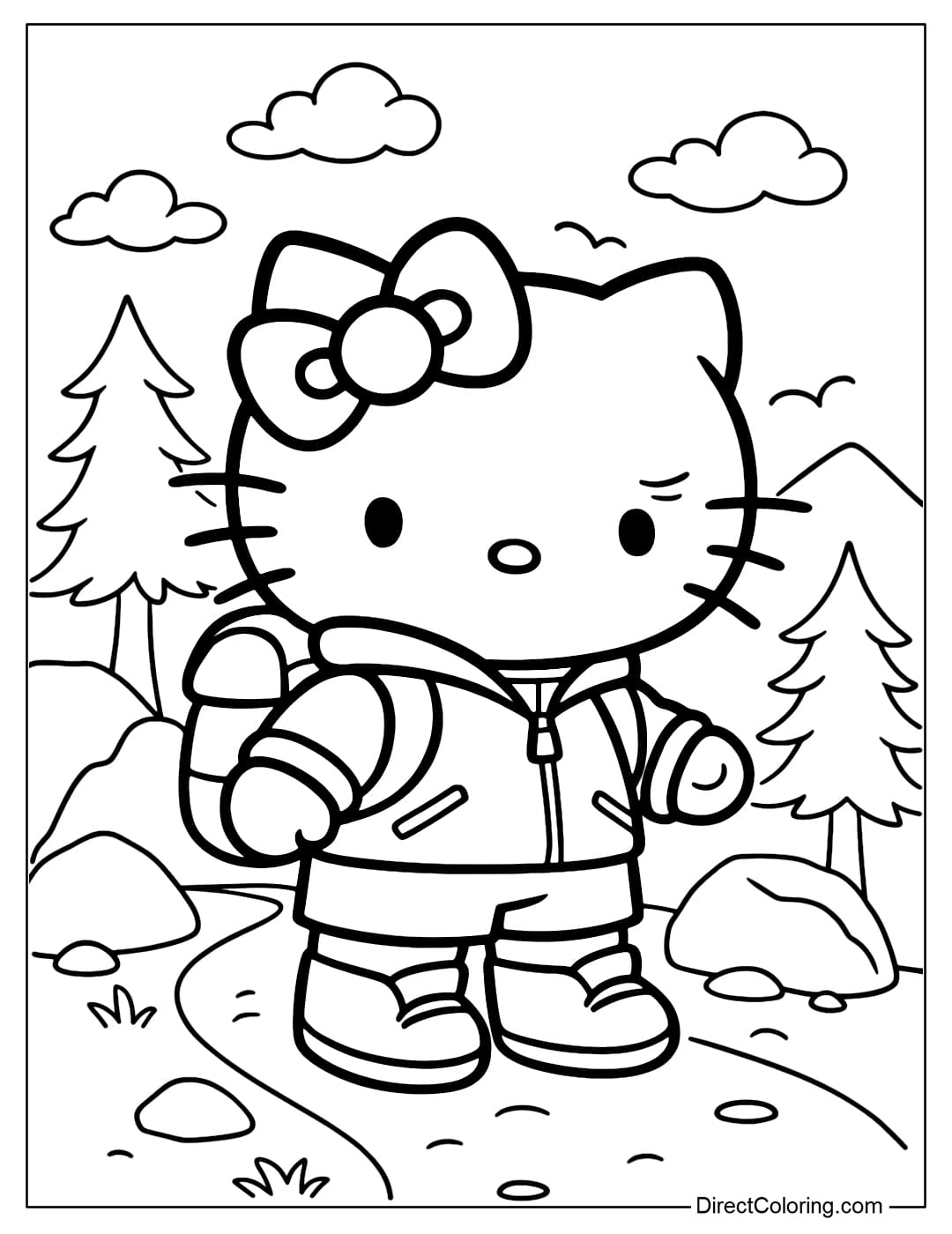 Hello Kitty coloring page standing on the mountain trail, exploring the mountain adventure.