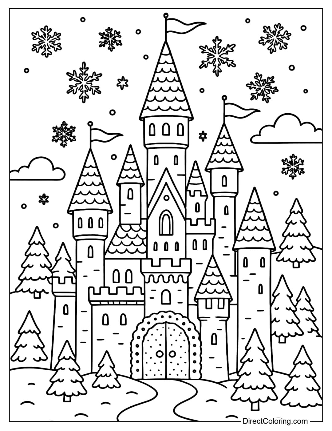 Nutcracker castle coloring page with tall towers, fluttering flags, and a large gingerbread gate.