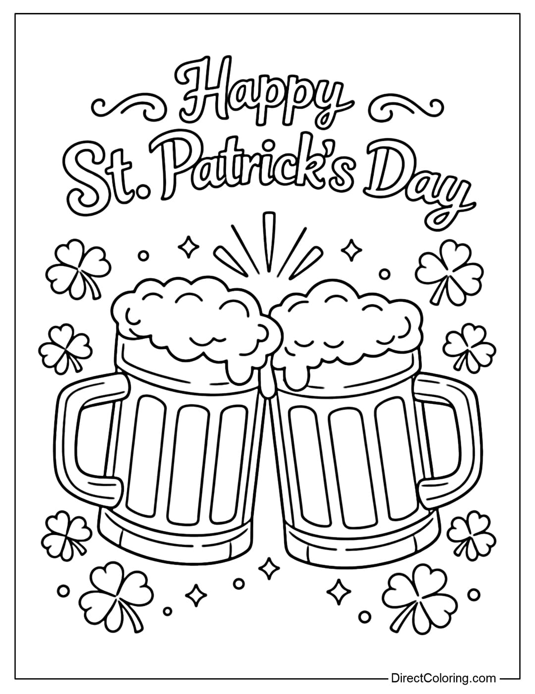 A coloring page for two beer mugs clinking to each other, surrounded by small shamrocks and the words 