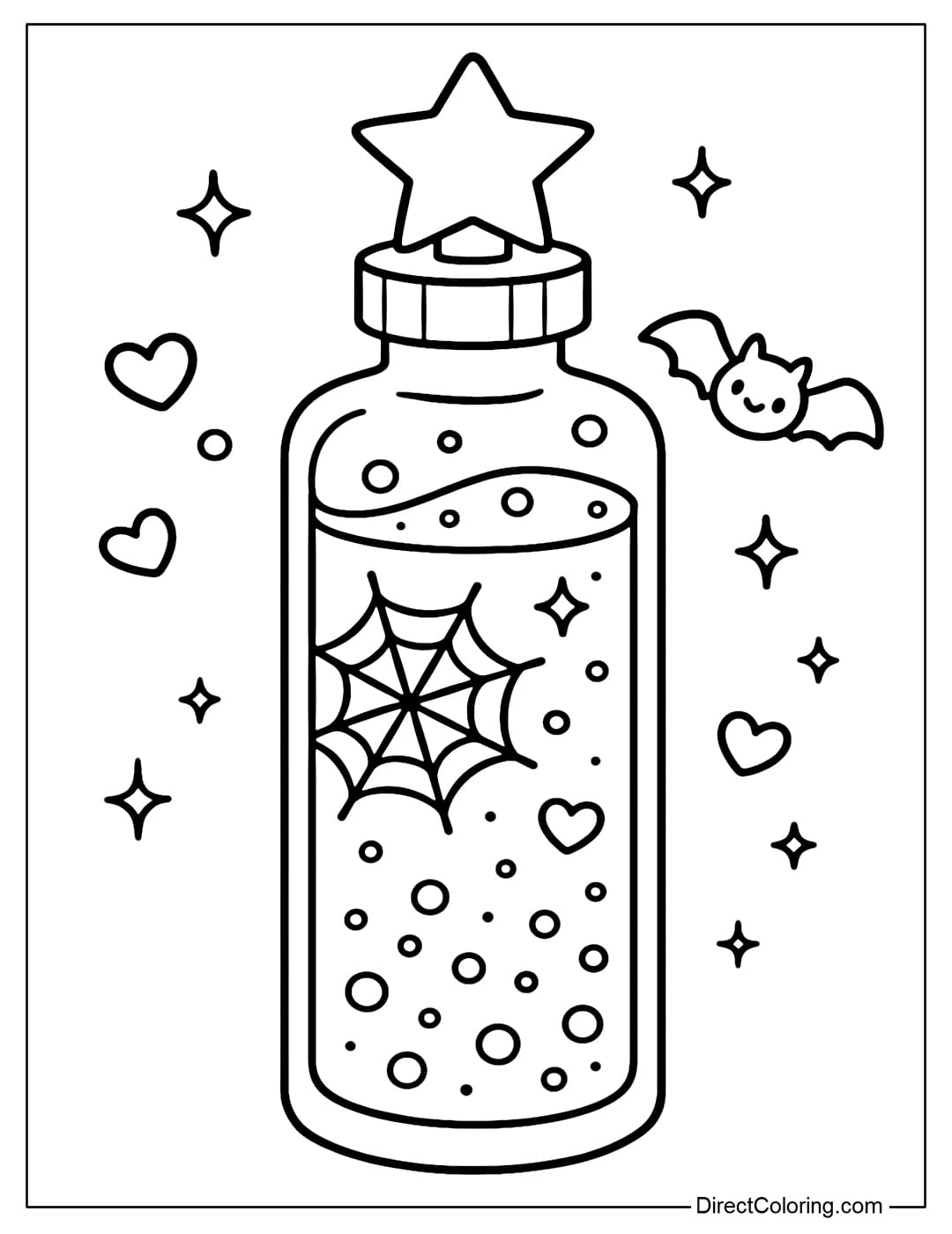 Magic cleansing water bottle color page, slim cylinder, star-shaped screw cap, spider web and small heart engraved on the bottle.