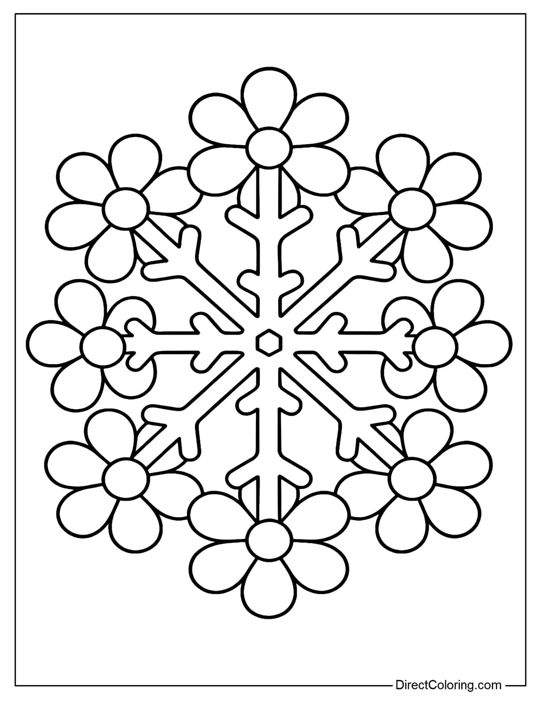 A coloring page featuring a snowflake in the center combined with round-petaled flowers, each snowflake branch connected to a large flower.