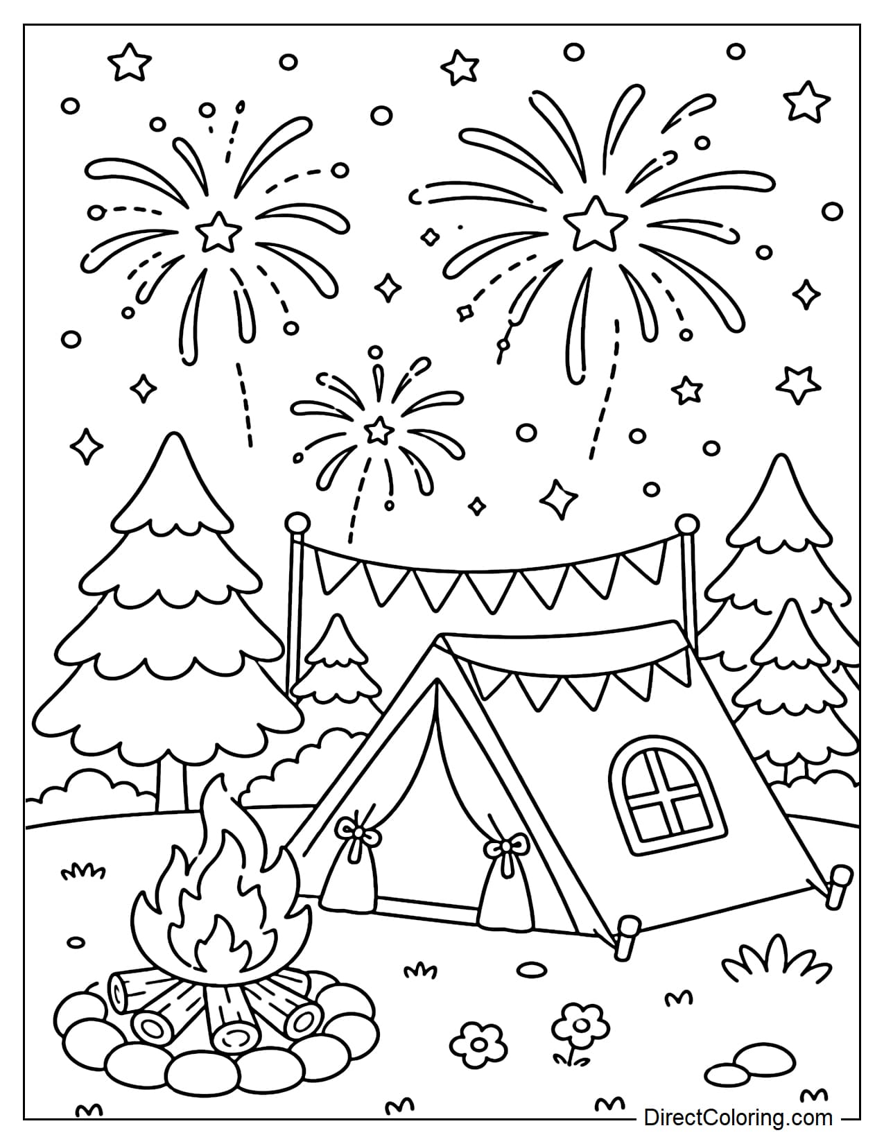 A small campsite beneath a fireworks sky, with a simple campfire and a few small pine trees.