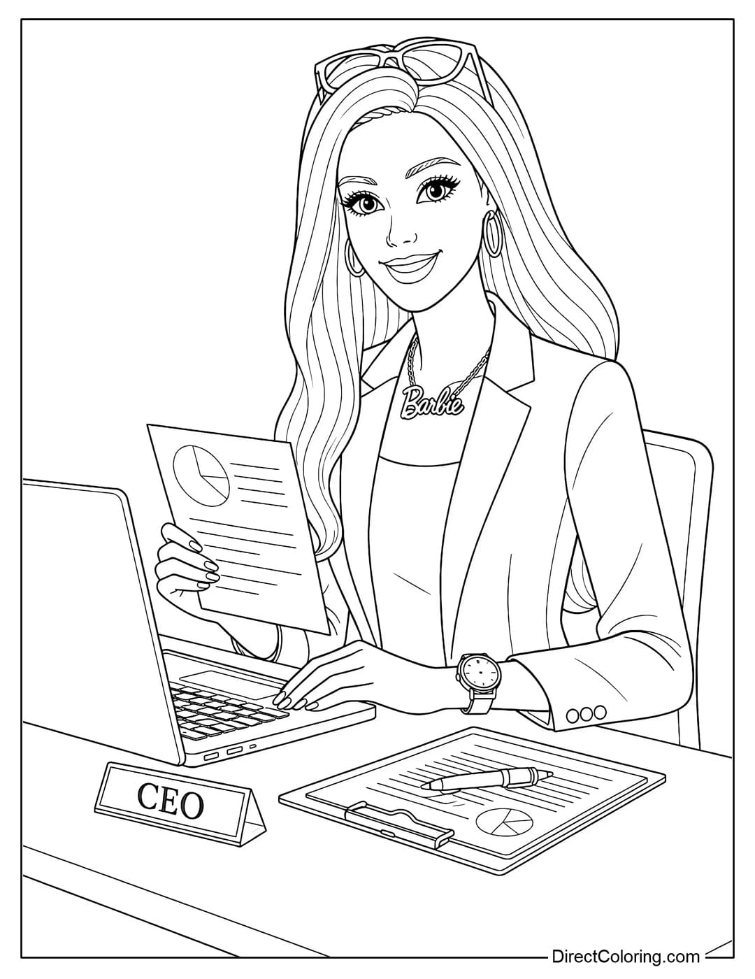A coloring page of Barbie as a businesswoman with a laptop and documents.