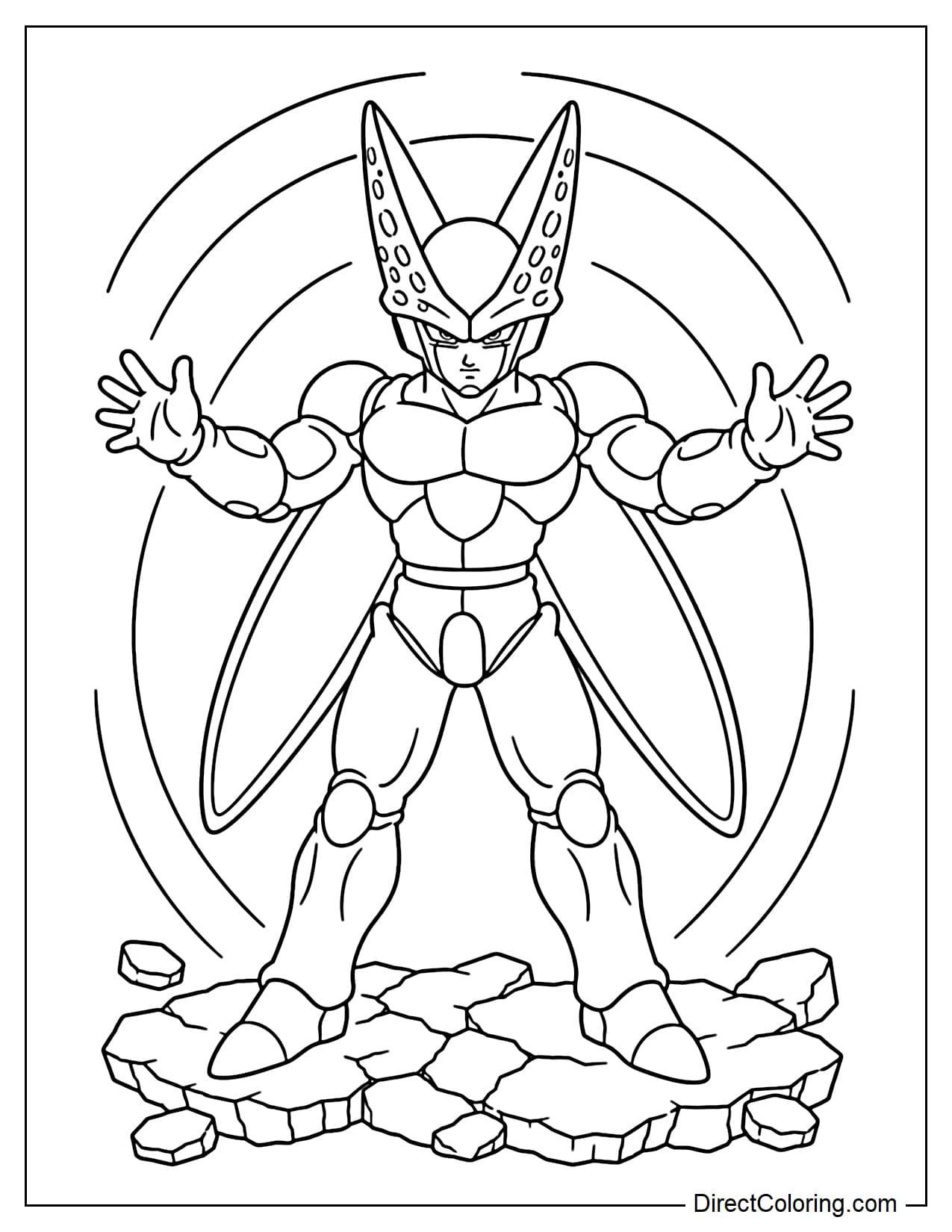 Perfect Cell is spreading his arms to the sides, increasing his power, his body slightly leaning forward, with simple cracked rocks and large energy rings below.