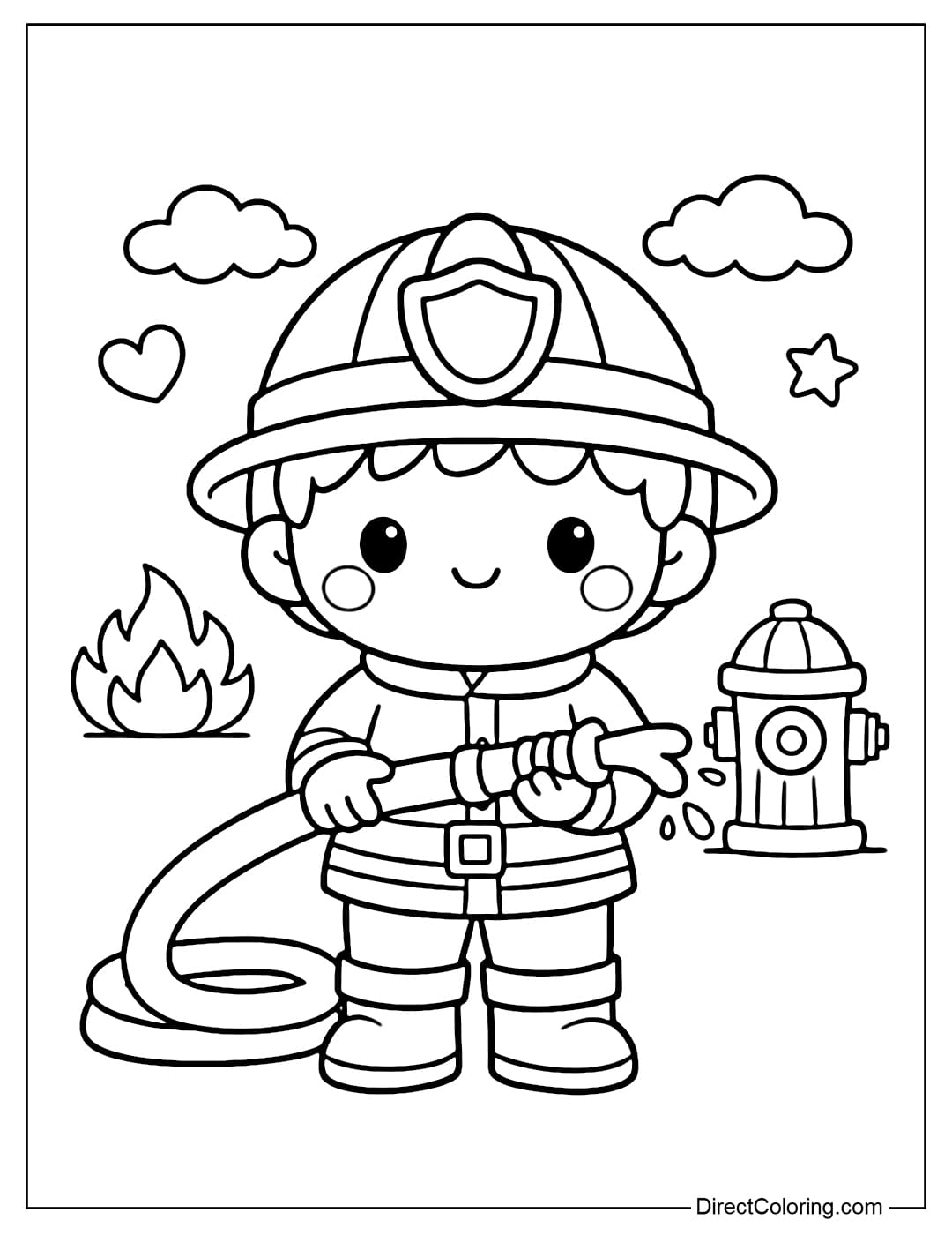 Coloring page of a firefighter standing with a hose.