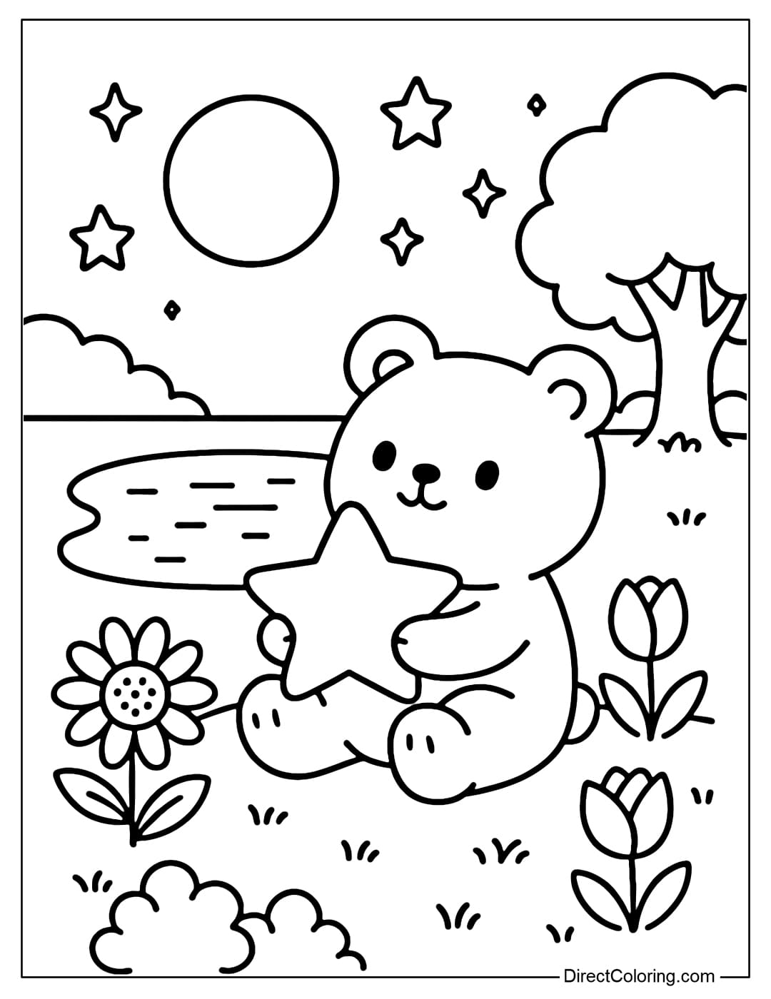 a coloring page of a bear holding a star-shaped lantern glowing in the night, sitting on the grass next to a lake reflecting the moonlight.