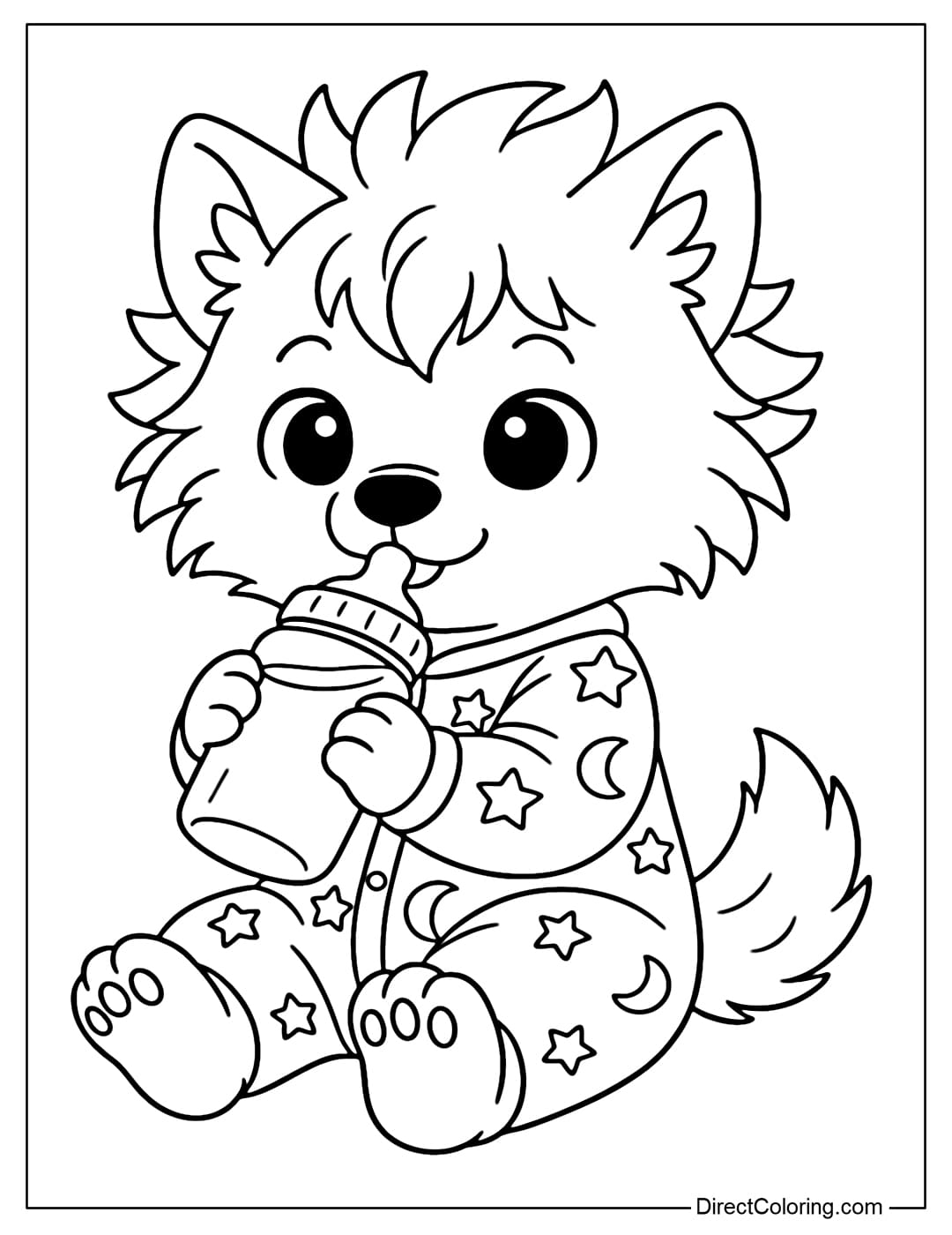 A coloring page of a cute baby wolf, with curly hair, hugging a milk bottle, wearing a moon and star jumpsuit.