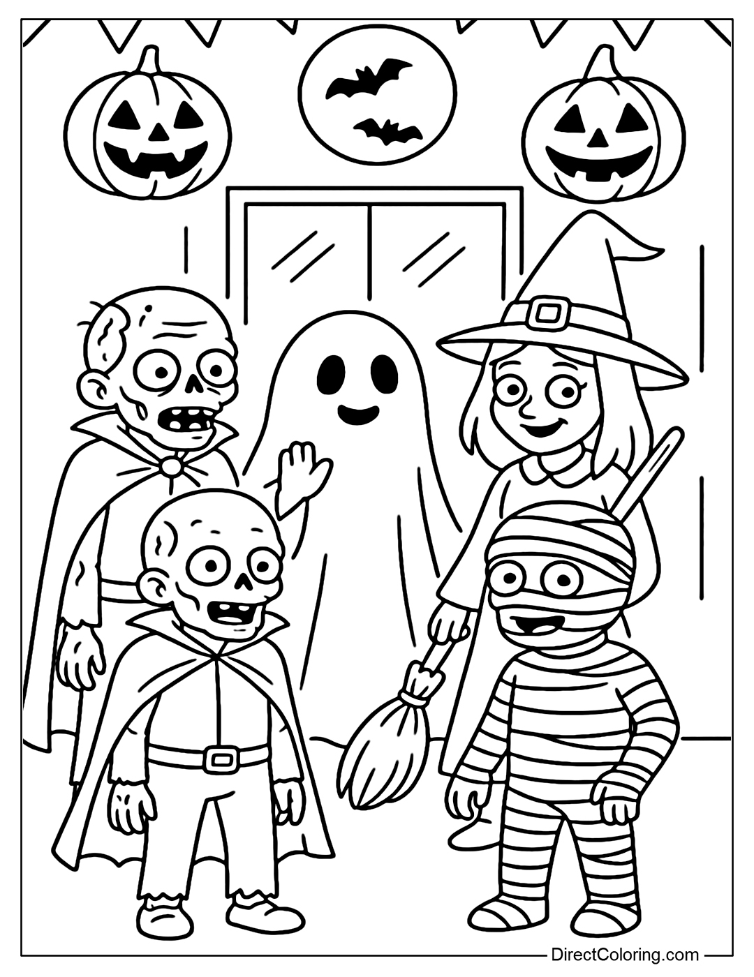 Coloring page of a group of zombies dressed up for a Halloween party, with ghosts, witches and mummies.