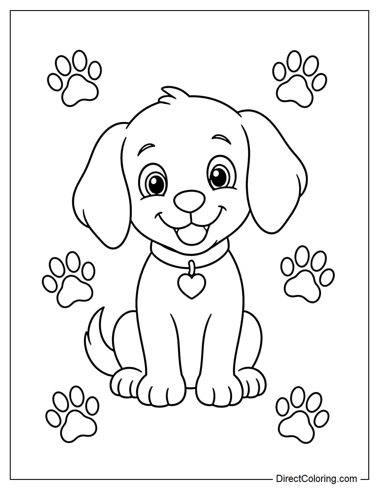 A puppy sits quietly with an adorable smile, soft ears drooping, and a small, slightly curled tail, surrounded by paw prints.
