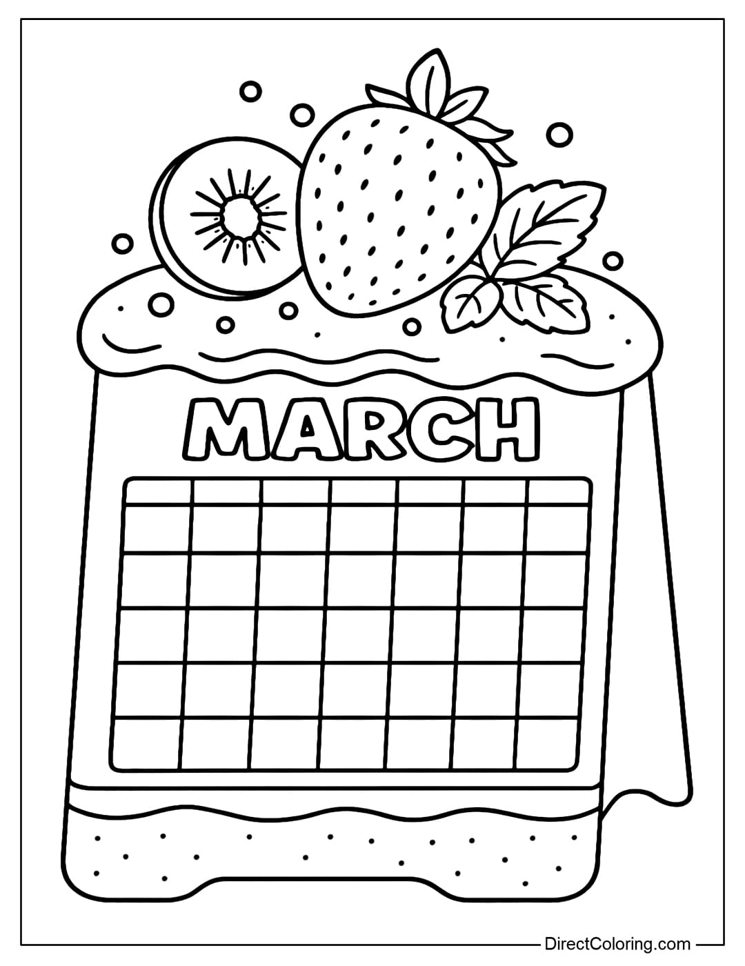March calendar coloring page is a standee die-cut in the shape of a soft, fluffy strawberry shortcake; the calendar section is nestled within the cake layer like a large label. The top is subtly decorated: large strawberries, kiwi slices, mint leaves, and a few sugar candy dots.