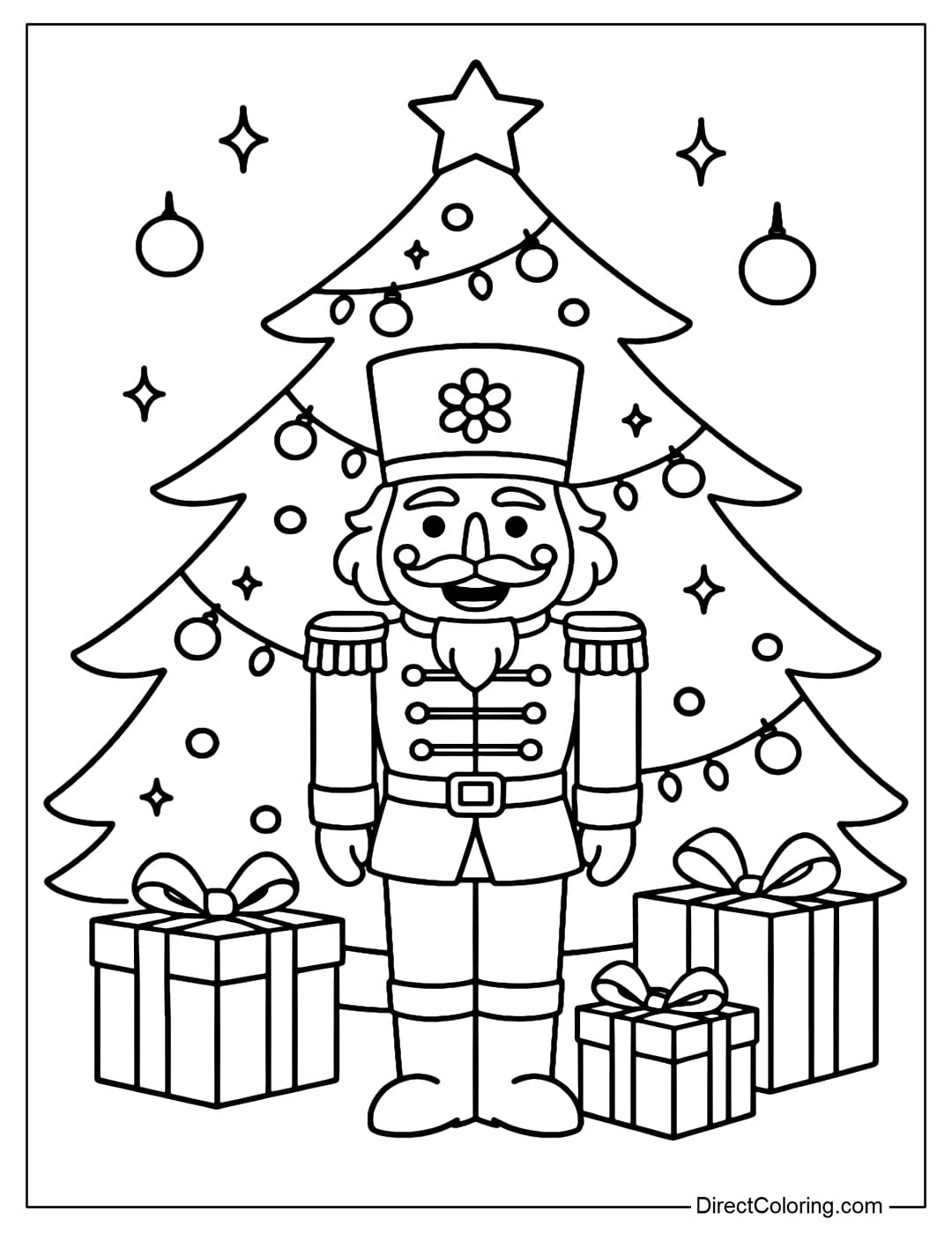 Coloring page of a Nutcracker standing in front of a giant Christmas tree, with flashing lights, a gift box.