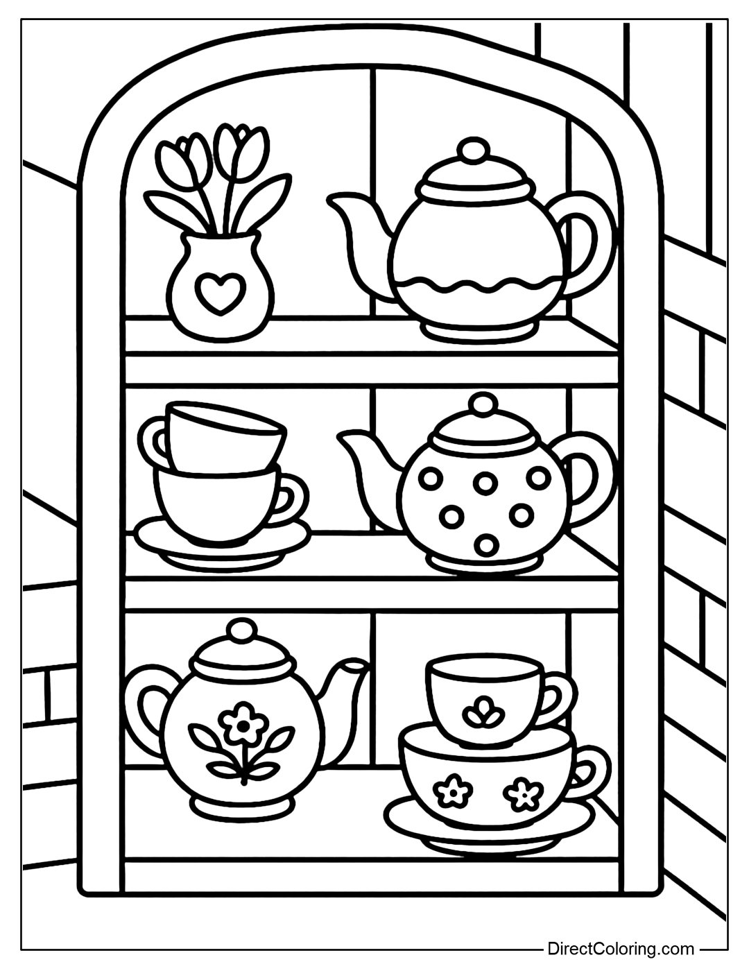 A coloring page of a wooden shelf with tea sets, tea pots and small tulip vases, neatly arranged in the corner of the tea kitchen.