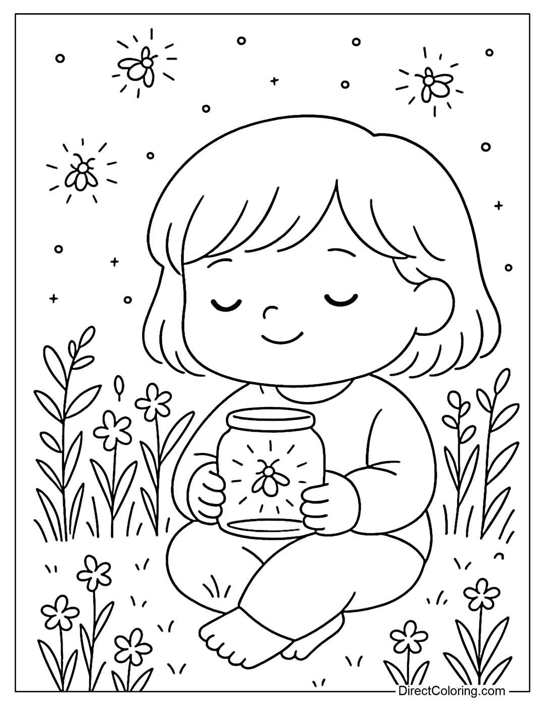 Coloring page of a night garden filled with glowing fireflies, with a child holding a smiling glass jar next to it