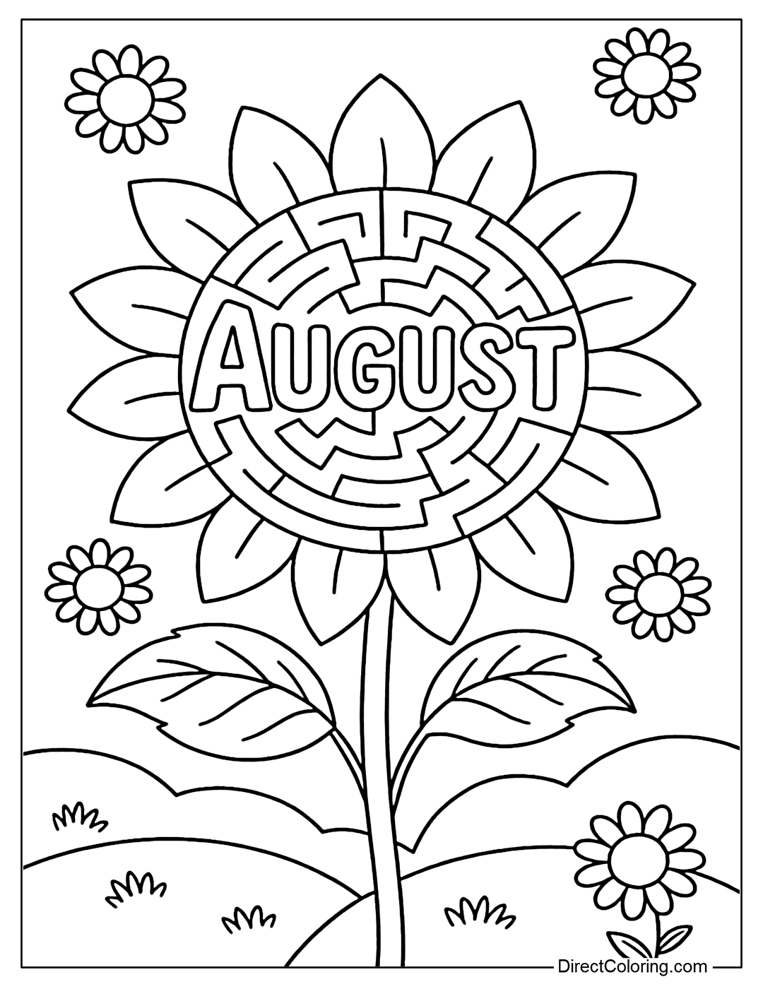 Sunflower maze coloring page, in the middle is the word August hidden in the petals.
