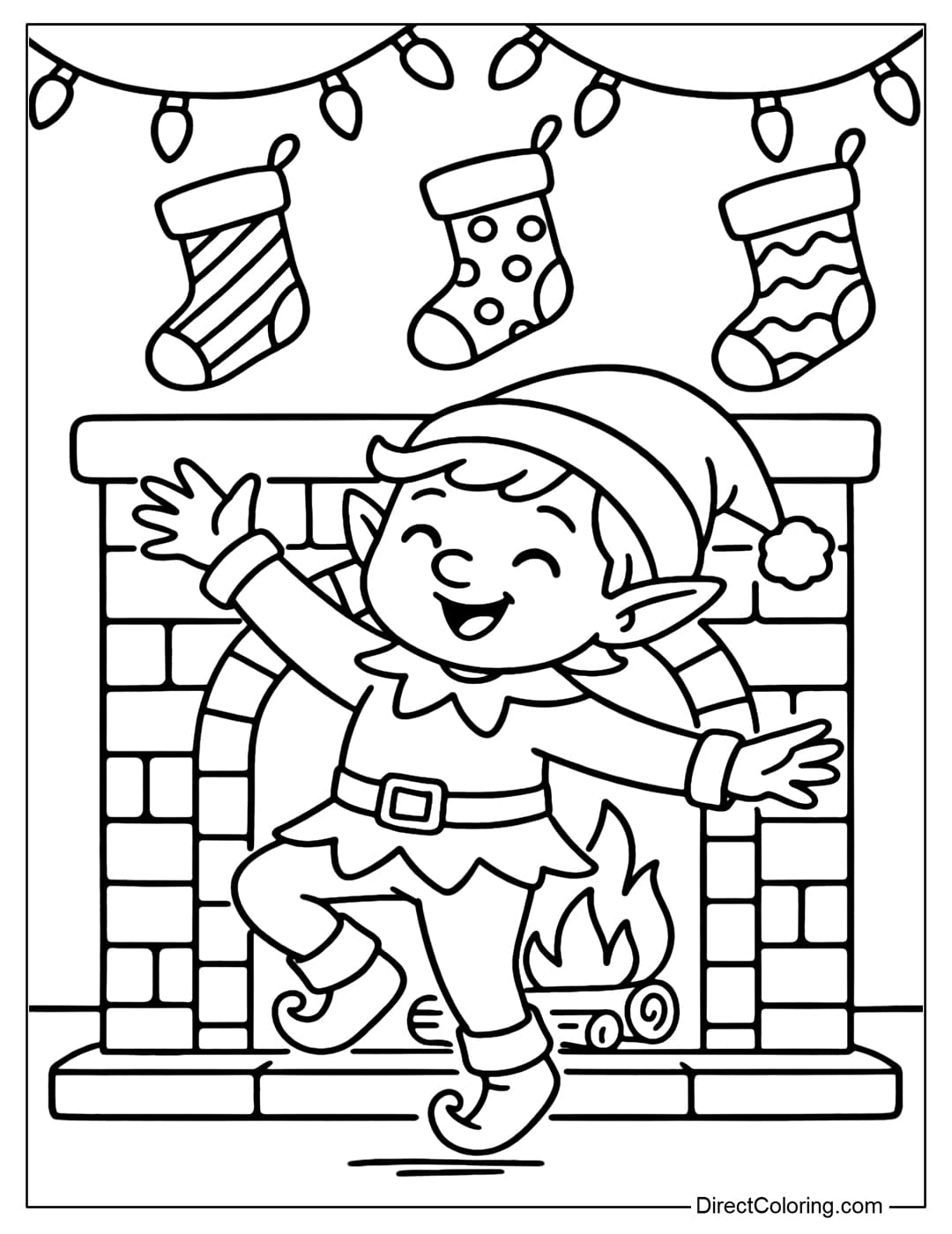Elf coloring page dancing around the fireplace, Christmas lights shining, stockings hanging on the wall.