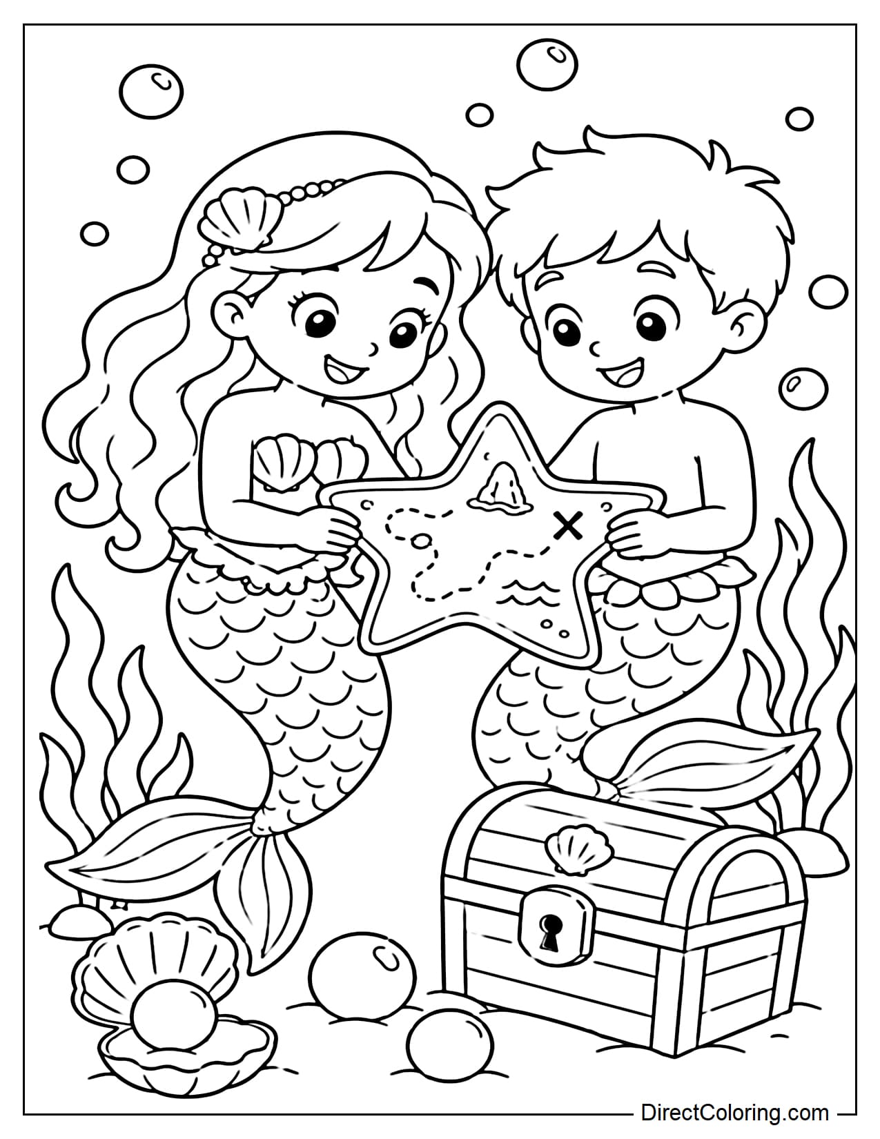 A mermaid and a merman boy are looking at a treasure map shaped like a starfish, with a small chest, some large pearls, and seaweed nearby.
